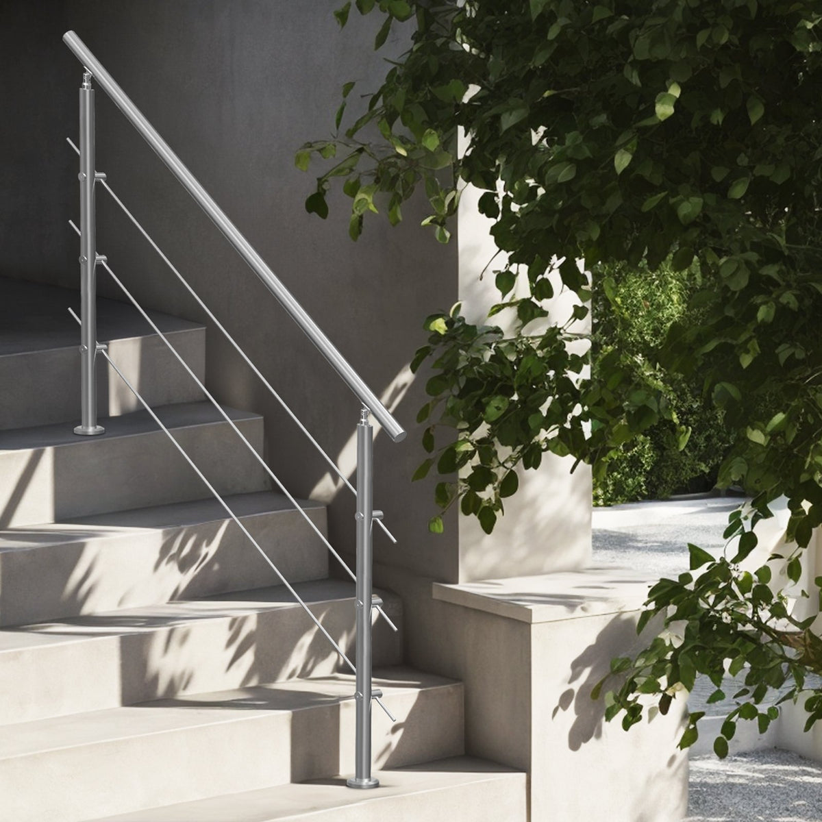 VEVOR Handrails for Outdoor Steps, 59 in Length 3 Crossbars Stair Hand Rail Kit, Transitional Stainless Steel Railings w/ Installation Kit, Double-column Staircase Handrails for Seniors,Porch & Deck