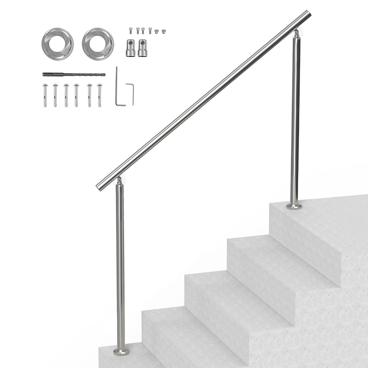 VEVOR Handrails for Outdoor Steps, 59 in/ 150cm Length Stair Hand Rail Kit, Transitional Stainless Steel Railings with Installation Kit, Double-column Staircase Handrails for Seniors,Porch &amp; Deck