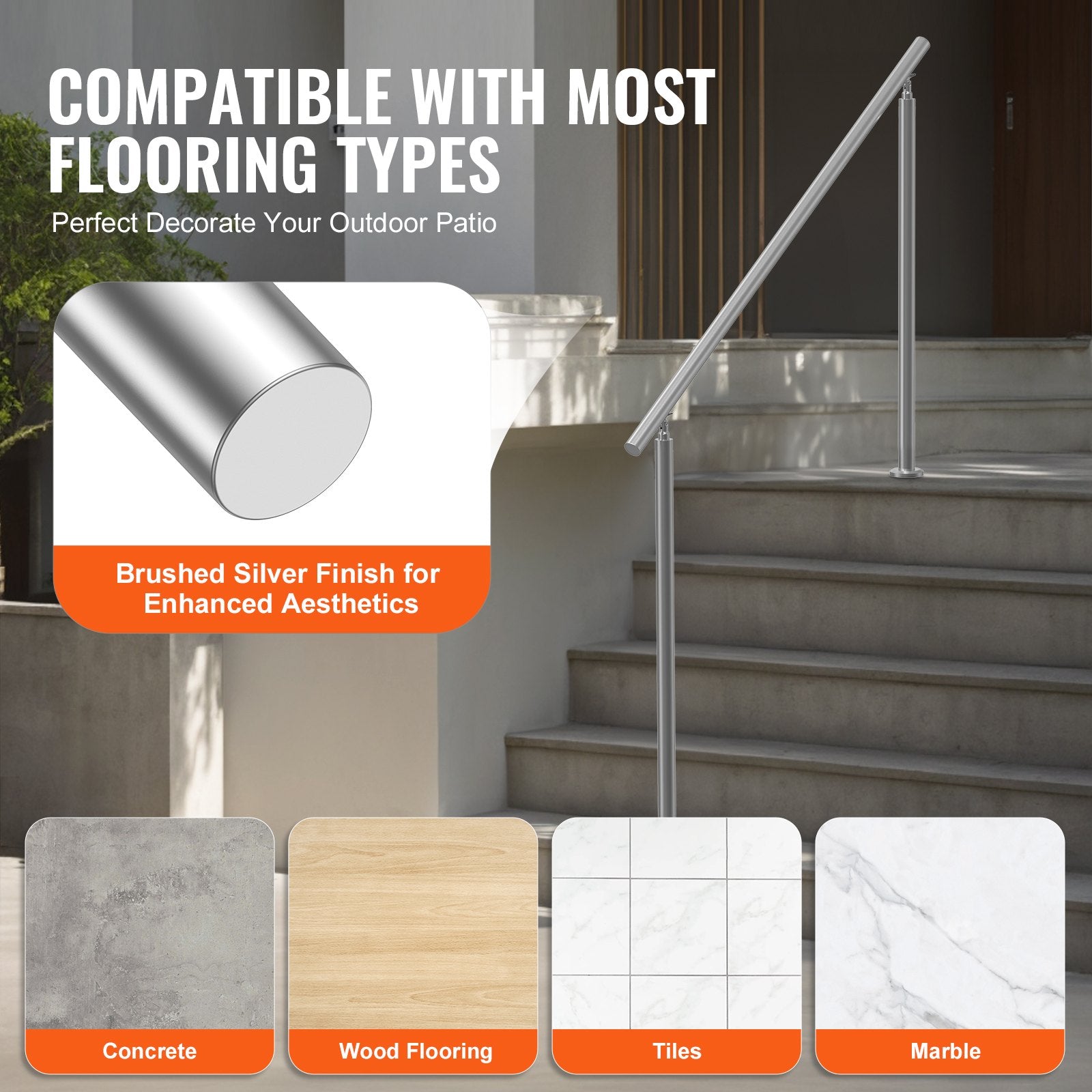 VEVOR Handrails for Outdoor Steps, 59 in/ 150cm Length Stair Hand Rail Kit, Transitional Stainless Steel Railings with Installation Kit, Double-column Staircase Handrails for Seniors,Porch & Deck