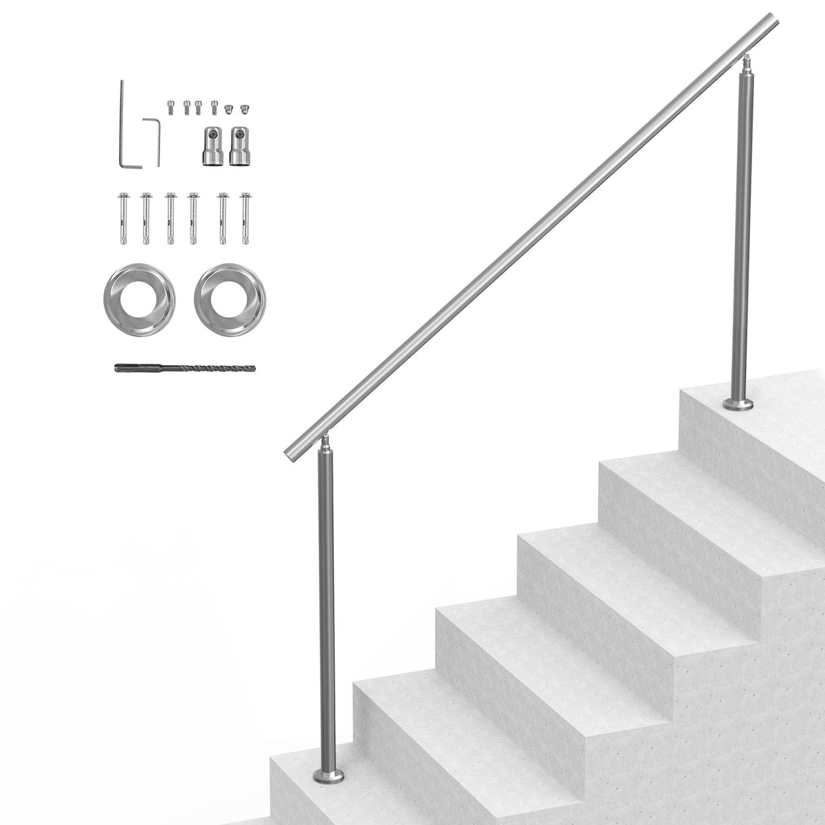 VEVOR Handrails for Outdoor Steps, 70.9 in/ 180cm Length Stair Hand Rail Kit, Transitional Stainless Steel Railings with Installation Kit, Double-column Staircase Handrails for Seniors,Porch &amp; Deck