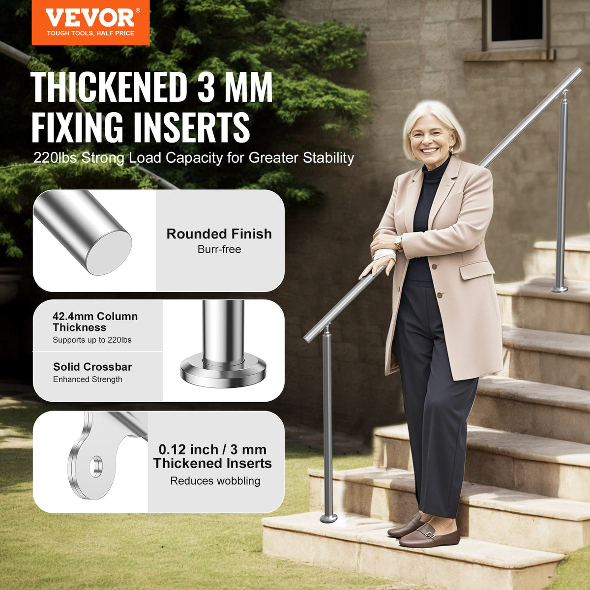 VEVOR Handrails for Outdoor Steps, 70.9 in/ 180cm Length Stair Hand Rail Kit, Transitional Stainless Steel Railings with Installation Kit, Double-column Staircase Handrails for Seniors,Porch & Deck