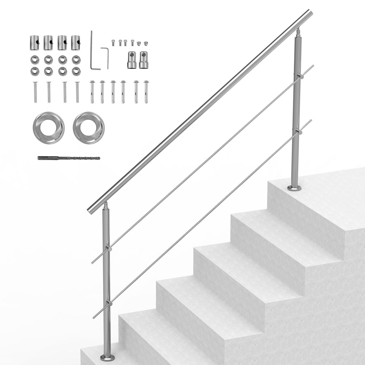 VEVOR Handrails for Outdoor Steps, 70.9in Length 2 Crossbars Stair Hand Rail Kit, Transitional Stainless Steel Railings w/ Installation Kit, Double-column Staircase Handrails for Seniors,Porch &amp; Deck