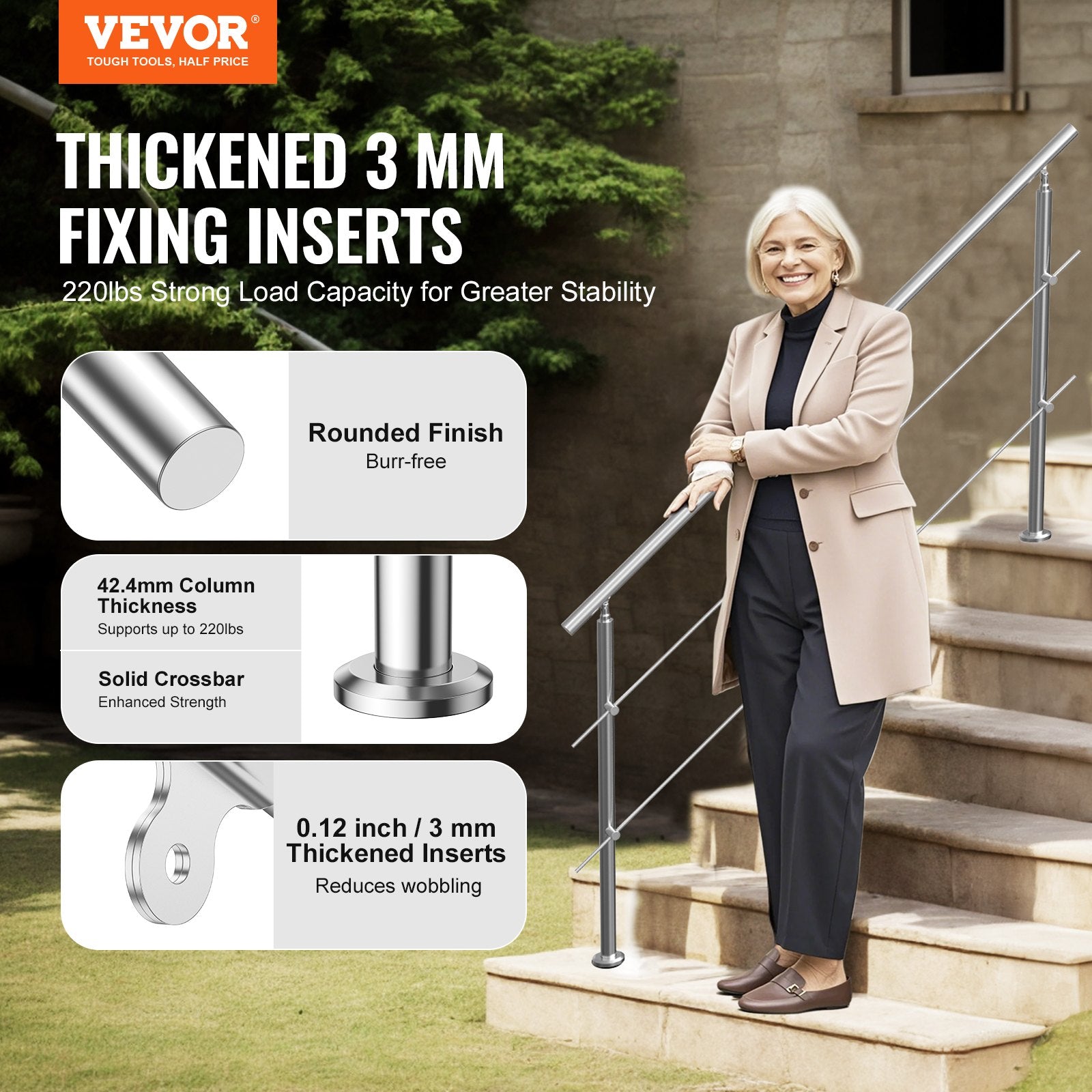 VEVOR Handrails for Outdoor Steps, 70.9in Length 2 Crossbars Stair Hand Rail Kit, Transitional Stainless Steel Railings w/ Installation Kit, Double-column Staircase Handrails for Seniors,Porch & Deck