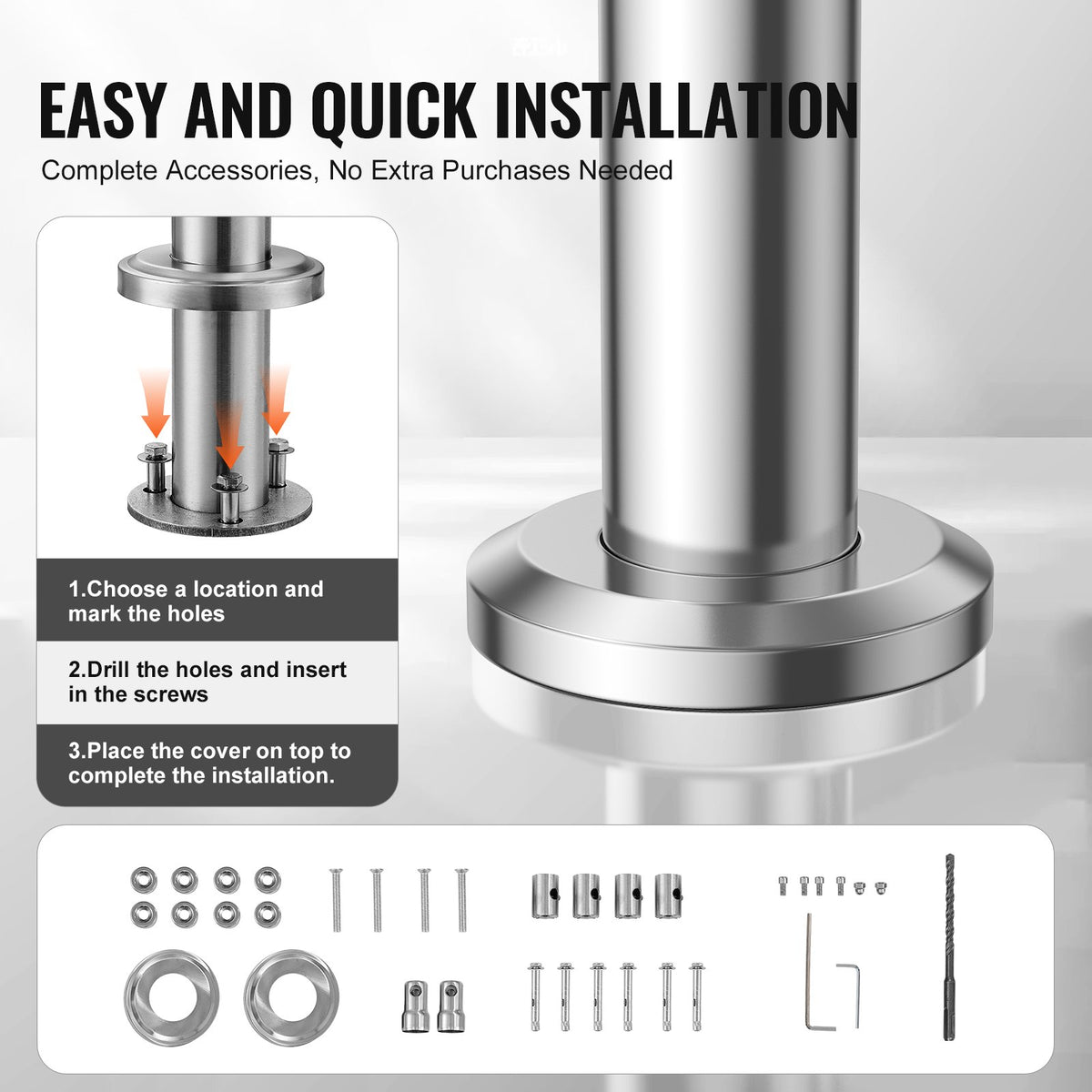 VEVOR Handrails for Outdoor Steps, 70.9in Length 2 Crossbars Stair Hand Rail Kit, Transitional Stainless Steel Railings w/ Installation Kit, Double-column Staircase Handrails for Seniors,Porch & Deck