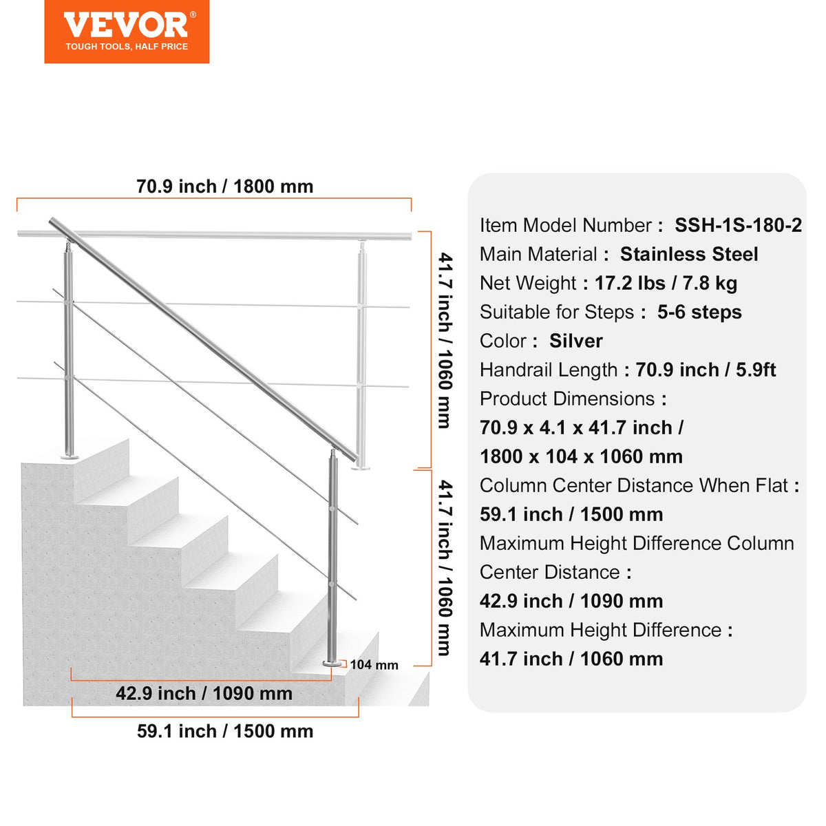 VEVOR Handrails for Outdoor Steps, 70.9in Length 2 Crossbars Stair Hand Rail Kit, Transitional Stainless Steel Railings w/ Installation Kit, Double-column Staircase Handrails for Seniors,Porch & Deck