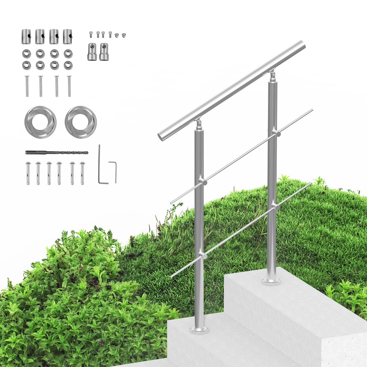 VEVOR Handrails for Outdoor Steps, 31.5in Length 2 Crossbars Stair Hand Rail Kit, Transitional Stainless Steel Railings w/ Installation Kit, Double-column Staircase Handrails for Seniors,Porch &amp; Deck