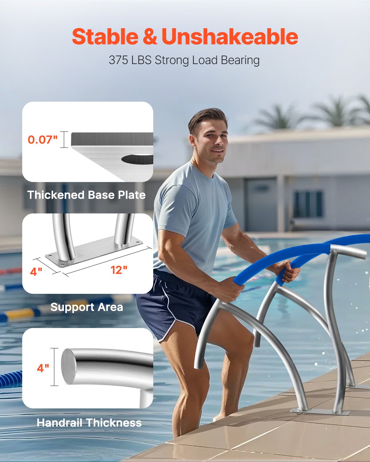 VEVOR Pool Handrail, 30" x 30" Swimming Pool Stair Rail, 2 PCs Stainless Steel Stair Pool Hand Rail Rated 375lbs Load Capacity, Pool Rail with Quick Mount Base Plate, and Complete Mounting Accessories