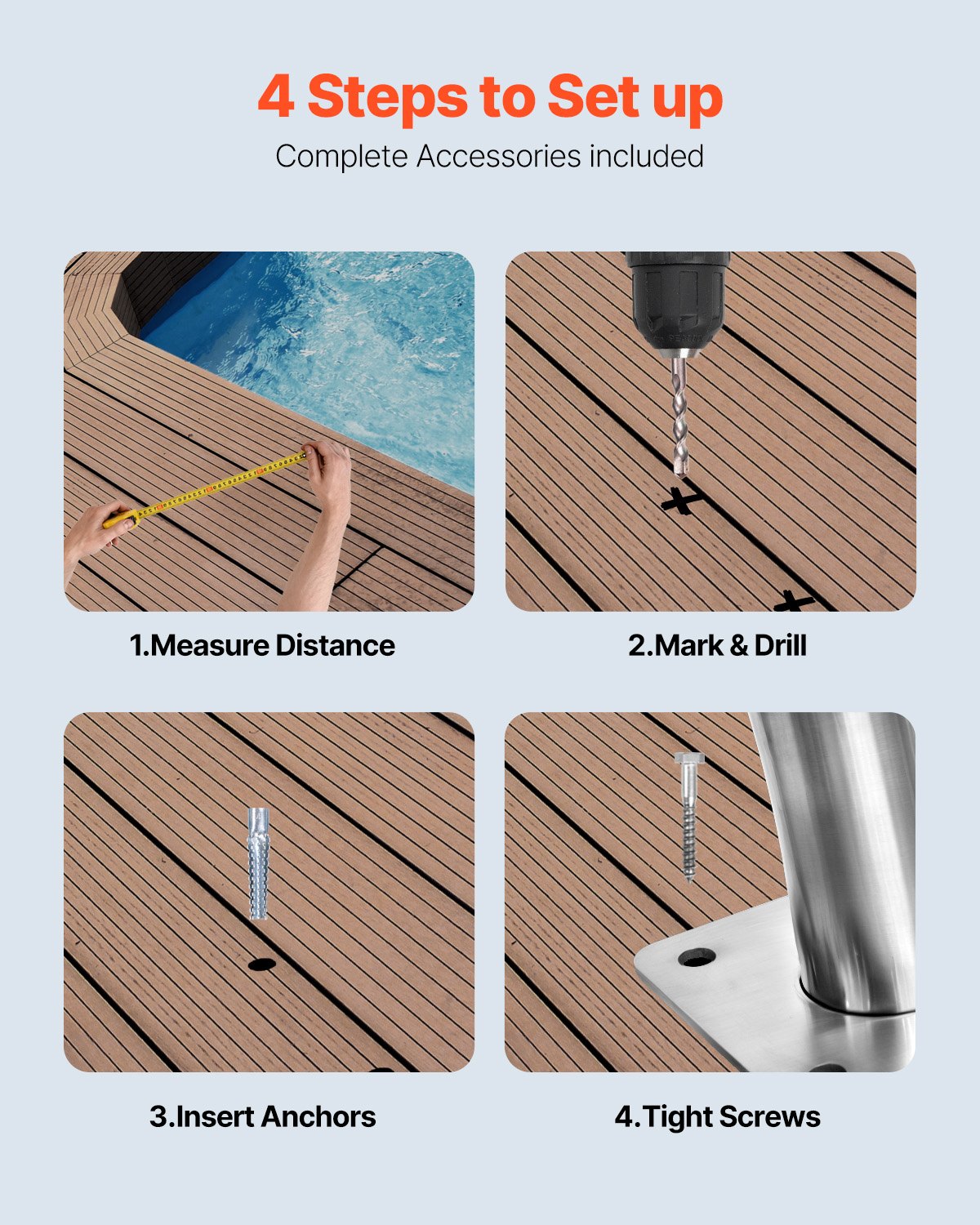 VEVOR Pool Handrail, 30" x 30" Swimming Pool Stair Rail, 2 PCs Stainless Steel Stair Pool Hand Rail Rated 375lbs Load Capacity, Pool Rail with Quick Mount Base Plate, and Complete Mounting Accessories