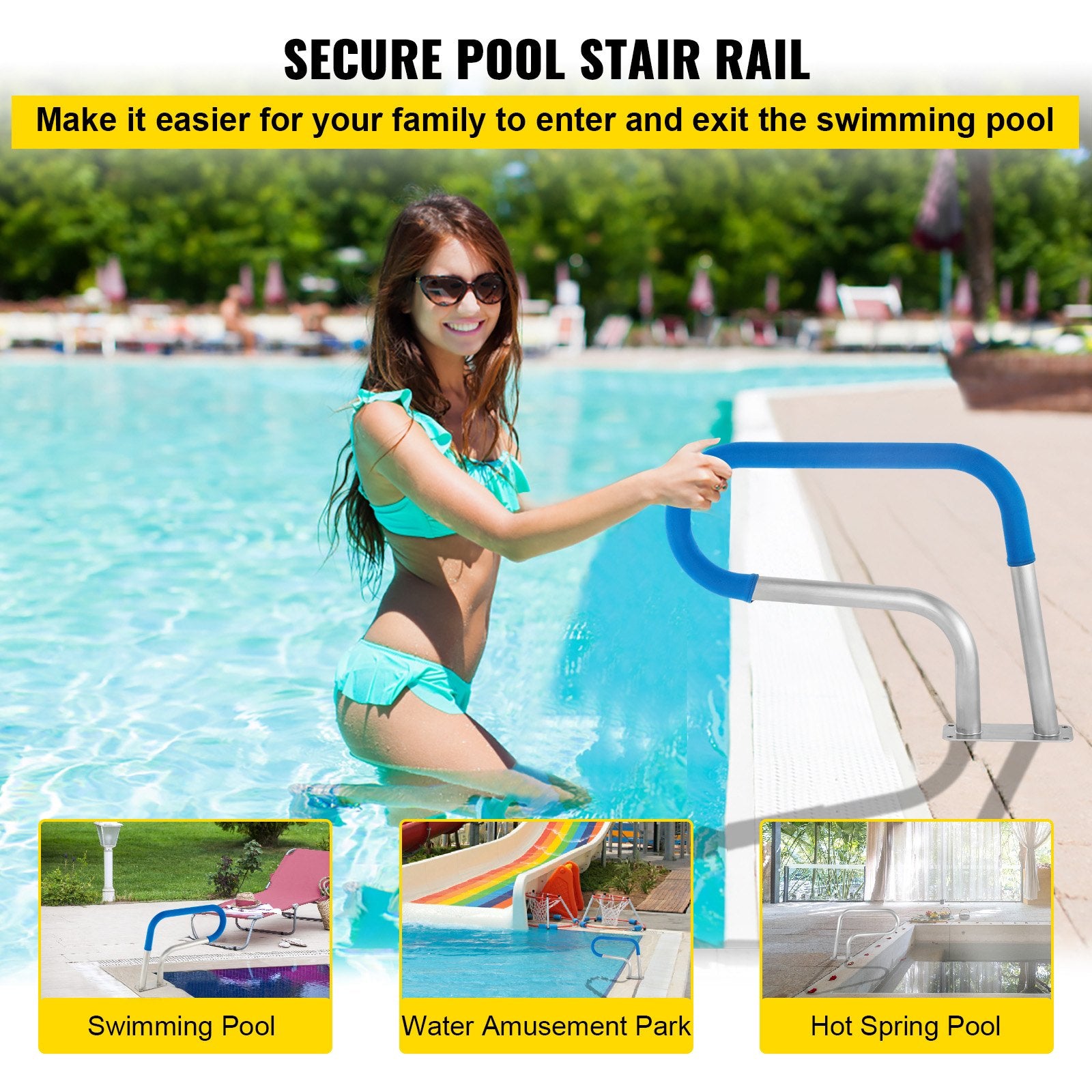 VEVOR Pool Rail 30x22 Pool Railing 304 Stainless Steel 250LBS Load Capacity Silver Rustproof Pool Handrail Humanized Swimming Pool Handrail with Blue Grip Cover & M8 Drill Bit & Self-Taping Screws