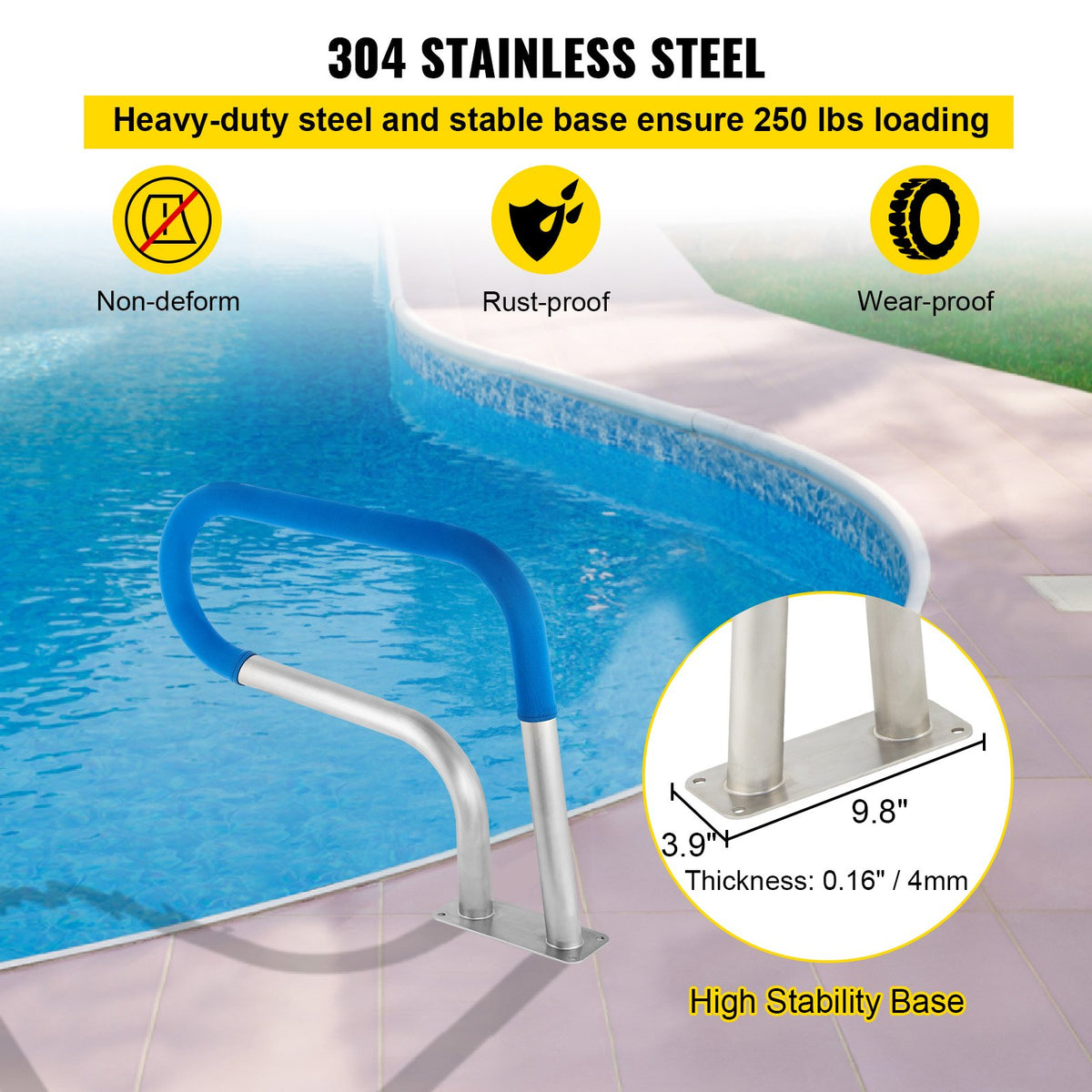 VEVOR Pool Rail 30x22 Pool Railing 304 Stainless Steel 250LBS Load Capacity Silver Rustproof Pool Handrail Humanized Swimming Pool Handrail with Blue Grip Cover & M8 Drill Bit & Self-Taping Screws