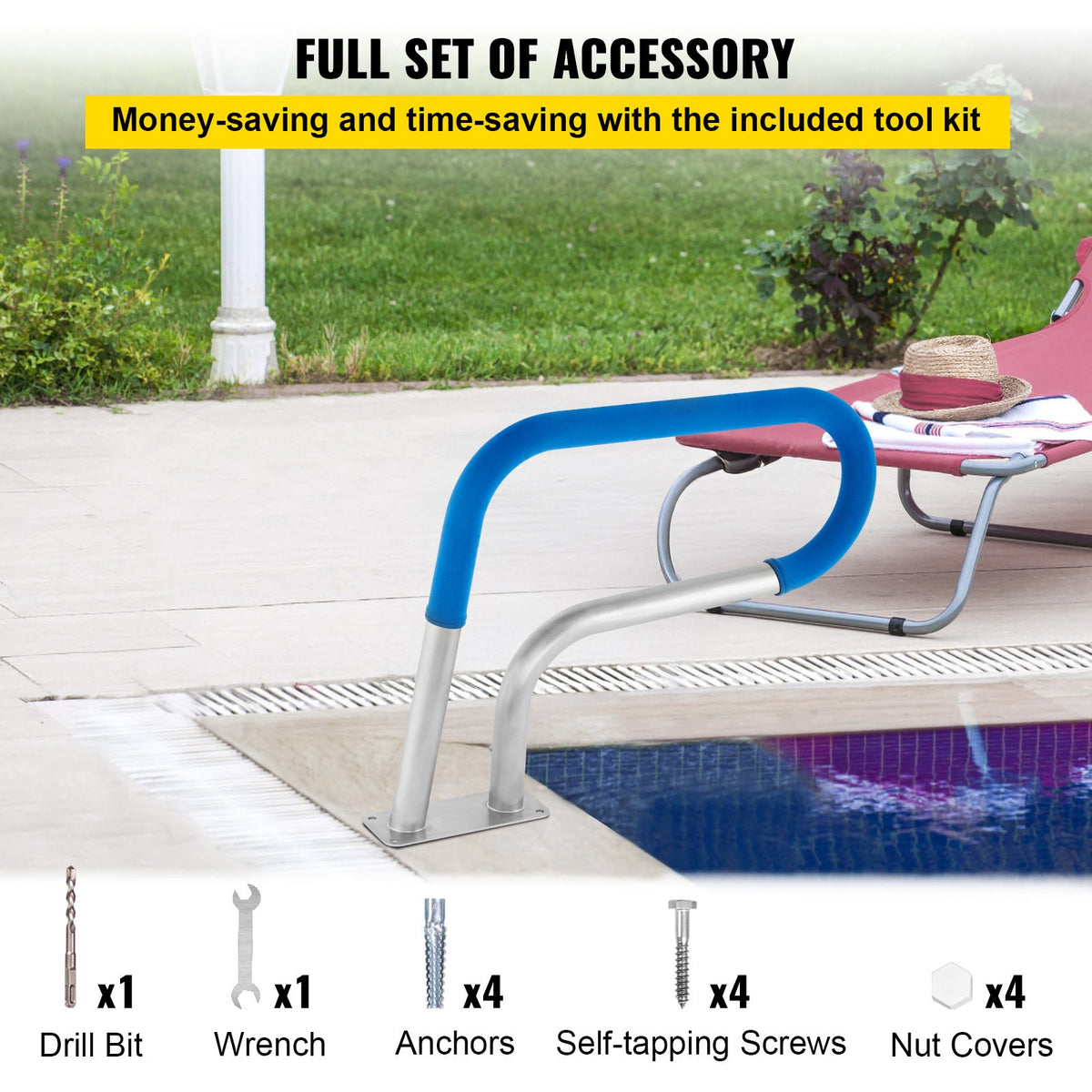 VEVOR Pool Rail 30x22 Pool Railing 304 Stainless Steel 250LBS Load Capacity Silver Rustproof Pool Handrail Humanized Swimming Pool Handrail with Blue Grip Cover & M8 Drill Bit & Self-Taping Screws