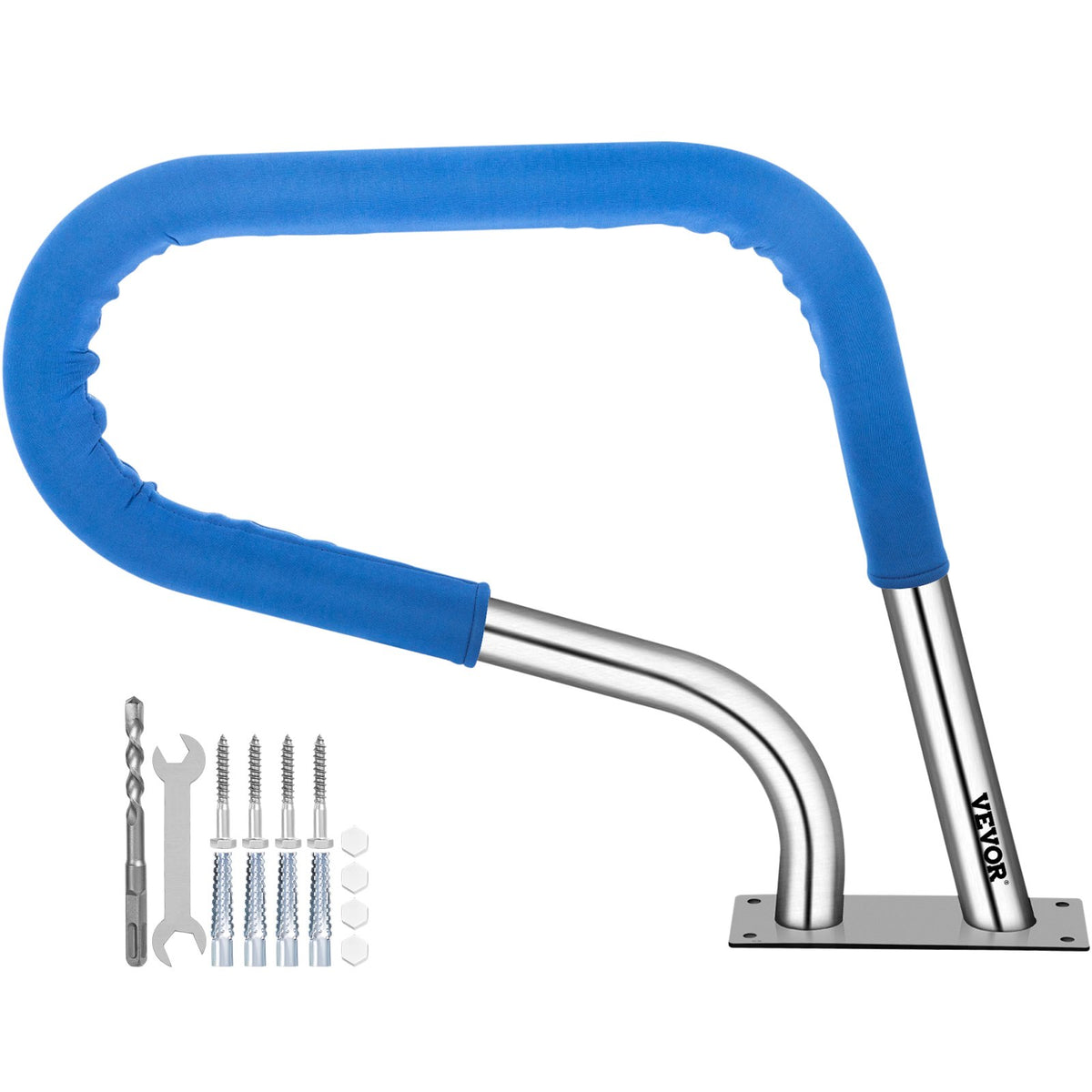VEVOR Pool Rail 32x23 Pool Railing 304 Stainless Steel 250LBS Load Capacity Silver Rustproof Pool Handrail Humanized Swimming Pool Handrail with Blue Grip Cover &amp; M8 Drill Bit &amp; Self-Taping Screws