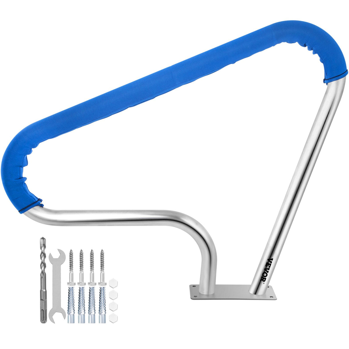 VEVOR Pool Rail 39x32 Pool Railing 304 Stainless Steel 250LBS Load Capacity Silver Rustproof Pool Handrail Humanized Swimming Pool Handrail with Blue Grip Cover &amp; M8 Drill Bit &amp; Self-Taping Screws