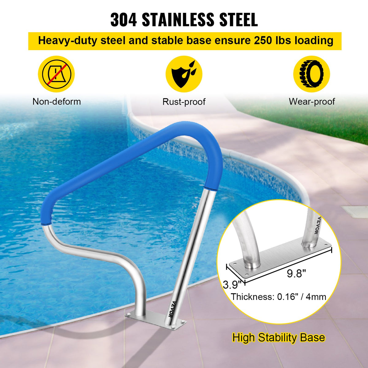 VEVOR Pool Rail 39x32 Pool Railing 304 Stainless Steel 250LBS Load Capacity Silver Rustproof Pool Handrail Humanized Swimming Pool Handrail with Blue Grip Cover & M8 Drill Bit & Self-Taping Screws