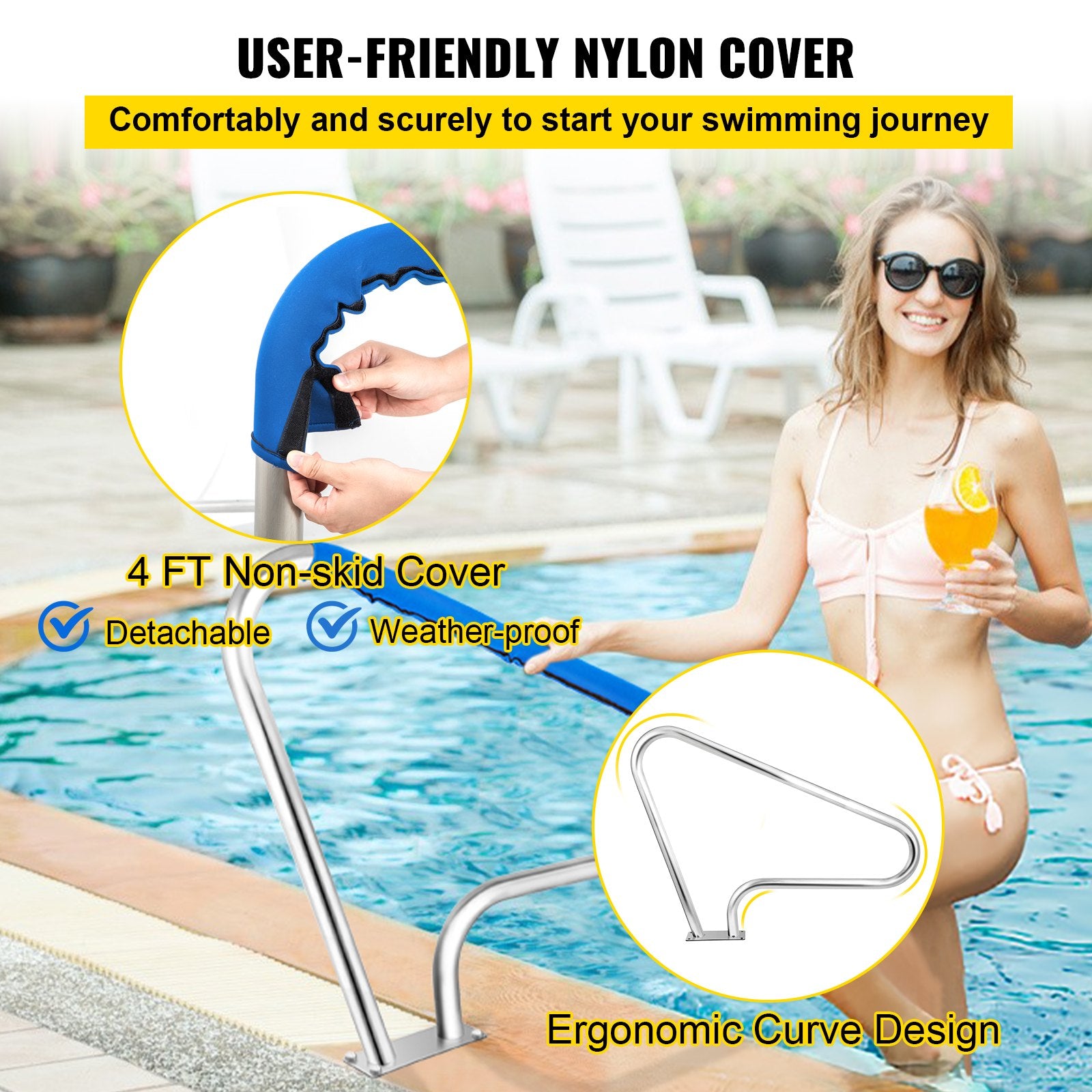 VEVOR Pool Rail 48x36 Pool Railing 304 Stainless Steel 250LBS Load Capacity Silver Rustproof Pool Handrail Humanized Swimming Pool Handrail with Blue Grip Cover & M8 Drill Bit & Self-Taping Screws