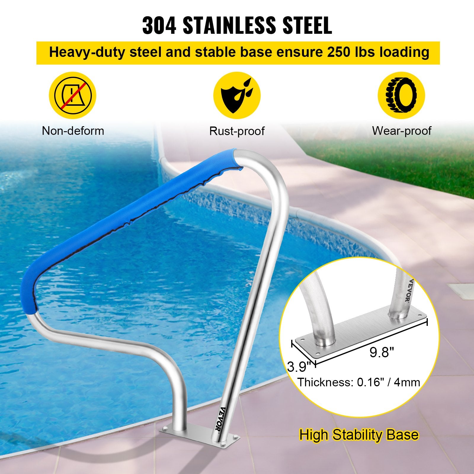 VEVOR Pool Rail 48x36 Pool Railing 304 Stainless Steel 250LBS Load Capacity Silver Rustproof Pool Handrail Humanized Swimming Pool Handrail with Blue Grip Cover & M8 Drill Bit & Self-Taping Screws