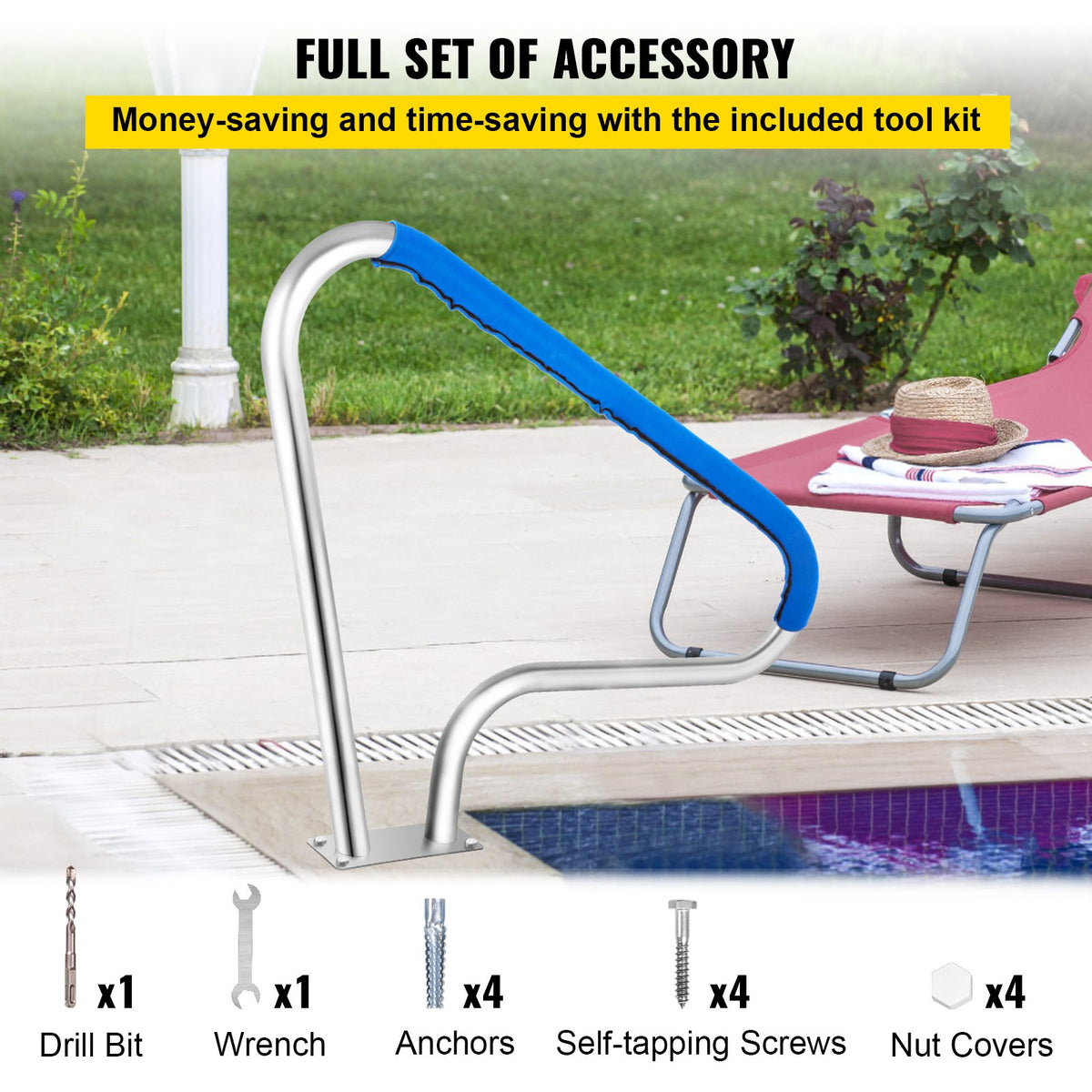 VEVOR Pool Rail 48x36 Pool Railing 304 Stainless Steel 250LBS Load Capacity Silver Rustproof Pool Handrail Humanized Swimming Pool Handrail with Blue Grip Cover & M8 Drill Bit & Self-Taping Screws