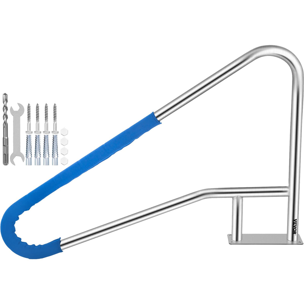 VEVOR Pool Rail 55x32 Pool Railing 304 Stainless Steel 250LBS Load Capacity Silver Rustproof Pool Handrail Humanized Swimming Pool Handrail with Blue Grip Cover &amp; M8 Drill Bit &amp; Self-Taping Screws