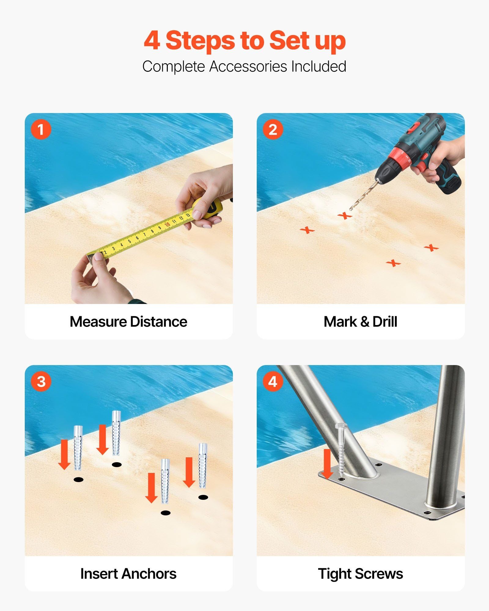 Pool Rail, 122 x 91.5 cm Pool Handrail, 100kg Load Capacity Heavy Duty 304 Stainless Steel Swimming Handrail, Detachable Nonslip Sleeve, Rich Accessories, for Poolside, Water Parks, Spa Centers