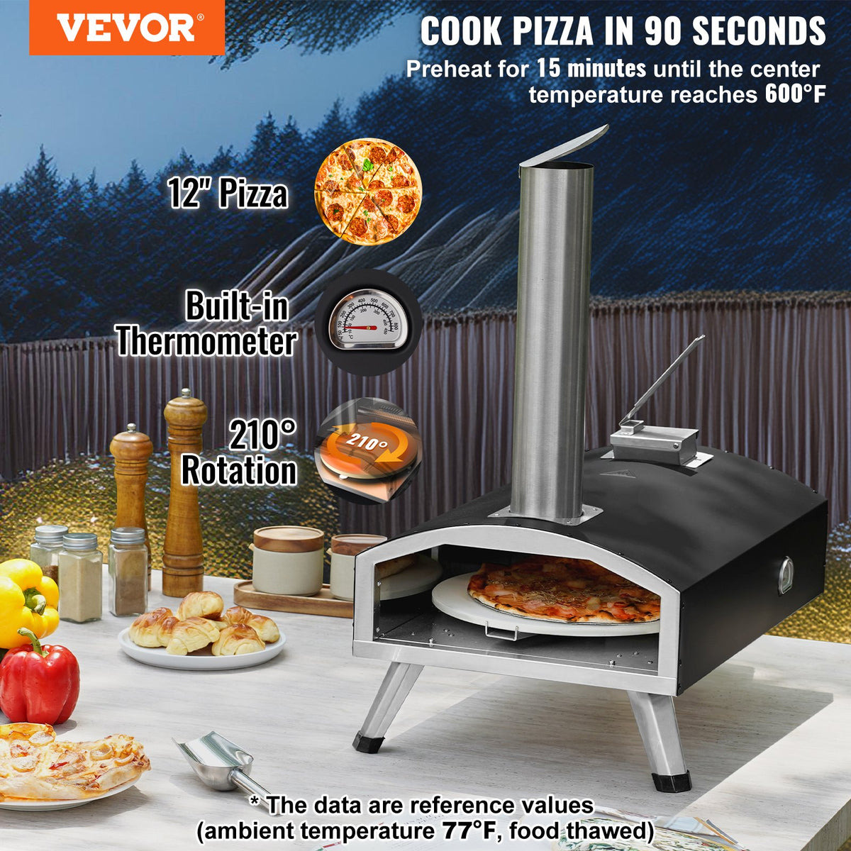 VEVOR Outdoor Pizza Oven, 12" Wood Fired Pizza Ovens, Pellet Pizza Stove with Built-in Thermometer, with Thickened Cordierite, Rotating Pizza Stone, Carry Bag, Shovel,  Portable Pizza Maker for Outside Backyard Patio Camping Black