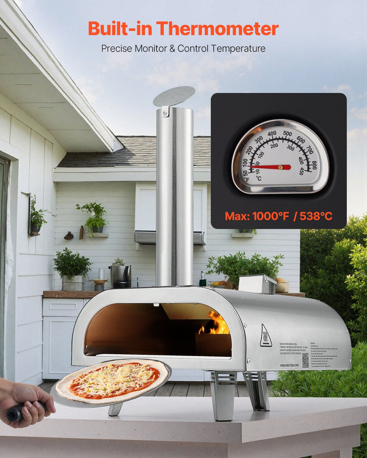 Pizza Oven Outdoor, 12" Pellet Pizza Oven, Portable Pizza-Stove with Built-in Thermometer, Wood Fired Stainless Steel Pizza-Maker, for Backyard, Camping, Pizza-Stone, Shovel, Carry Bag, Silver
