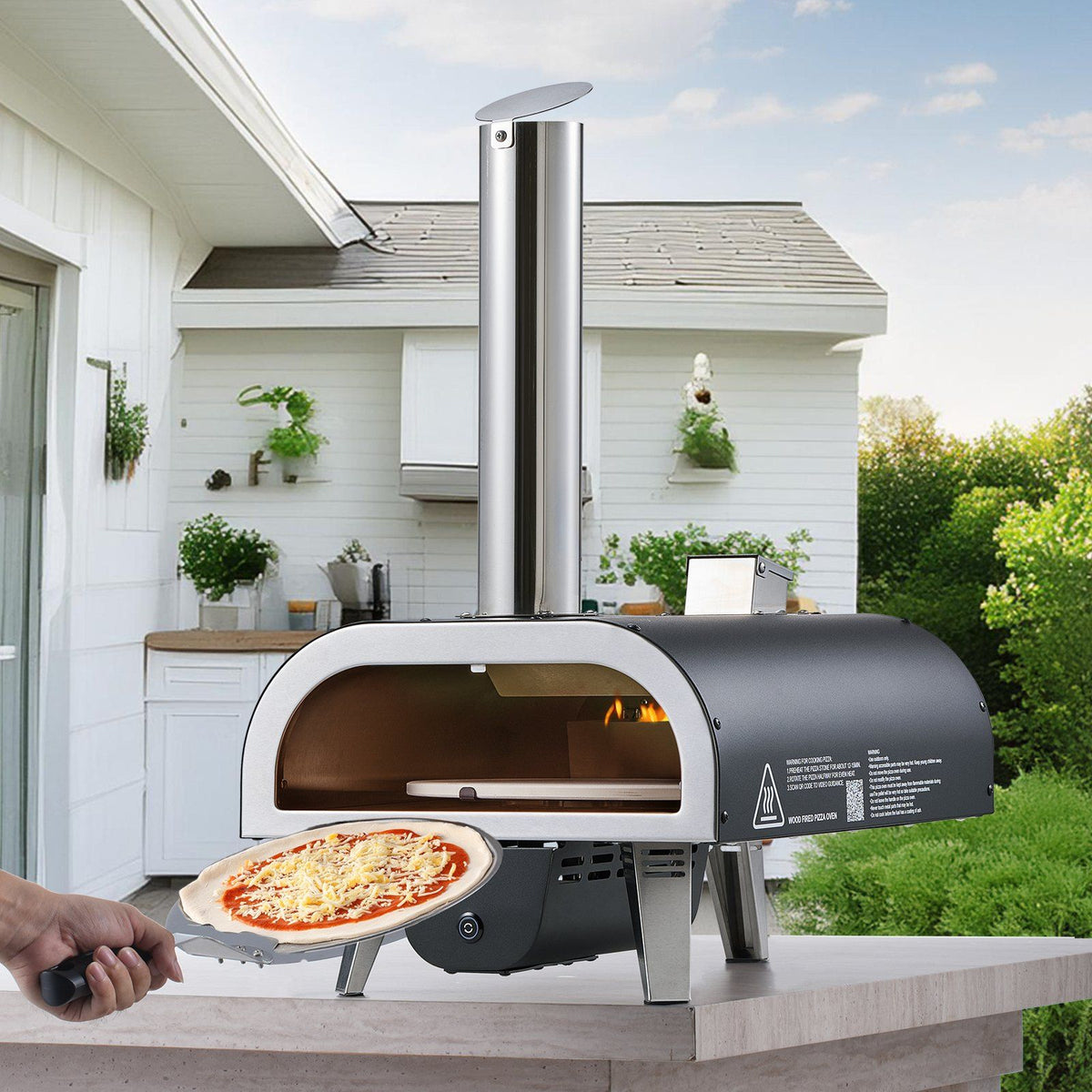 Outdoor Pizza Oven, 12 in Wood Fired Pizza Ovens, Pellet Pizza-Stove with Thermometer & Electric Rotation, Portable Pizza-Maker for Outside Backyard Patio Camping, Pizza-Stone, Carry Bag, Shovel