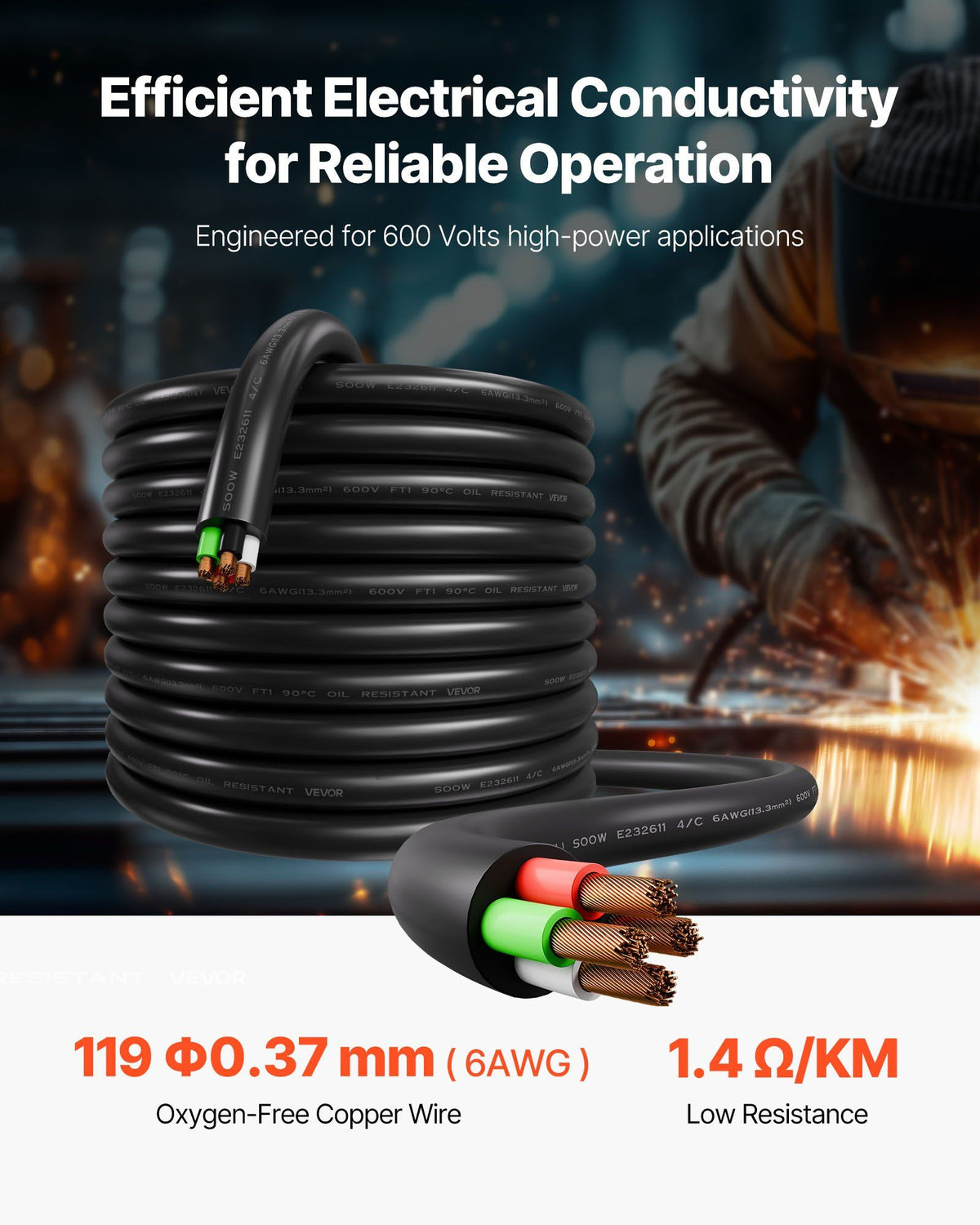7.62 m 6AWG Portable Power Cable (4 Conductor), Heavy Duty 600V SOOW Electrical Power Cable, Industrial Grade Electric Wire, Premium CPE Rubber Jacket, Copper Extension Cord for Welder Machine