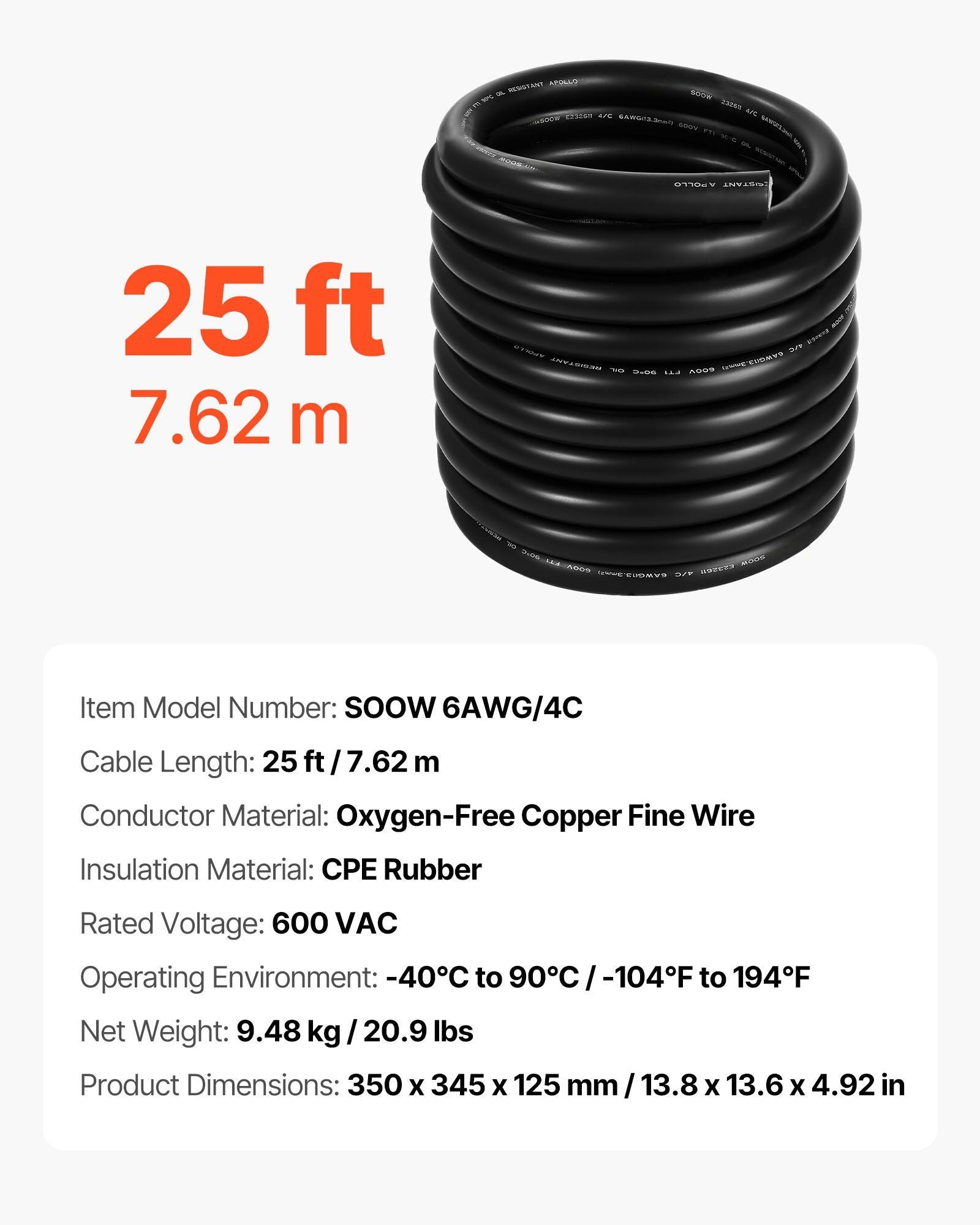 7.62 m 6AWG Portable Power Cable (4 Conductor), Heavy Duty 600V SOOW Electrical Power Cable, Industrial Grade Electric Wire, Premium CPE Rubber Jacket, Copper Extension Cord for Welder Machine