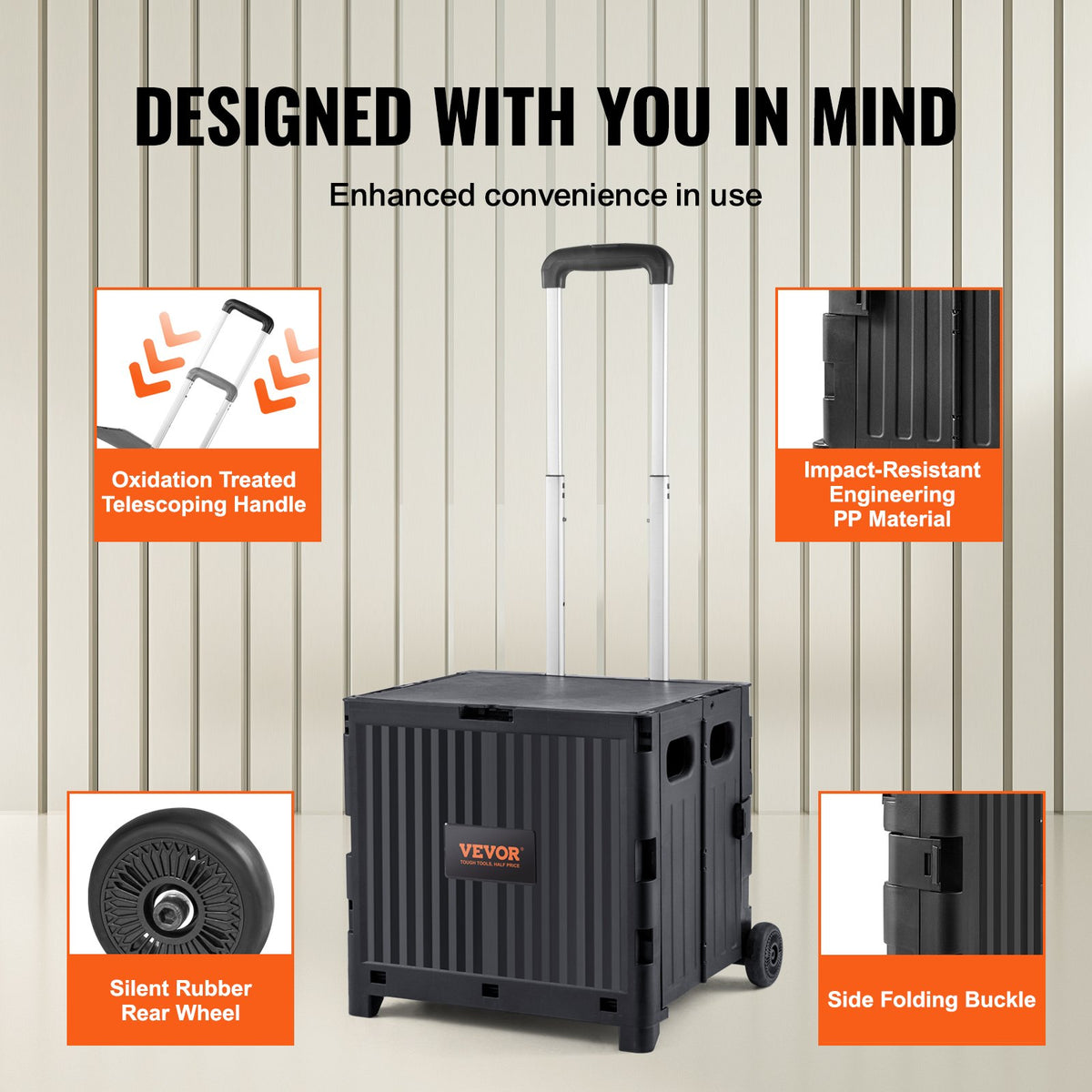 VEVOR Foldable Utility Cart, 36 kg Load Capacity, Folding Portable Rolling Crate Handcart with Durable Heavy Duty Telescoping Handle and 2 Wheels for Travel Shopping Moving Luggage Office Use, Black