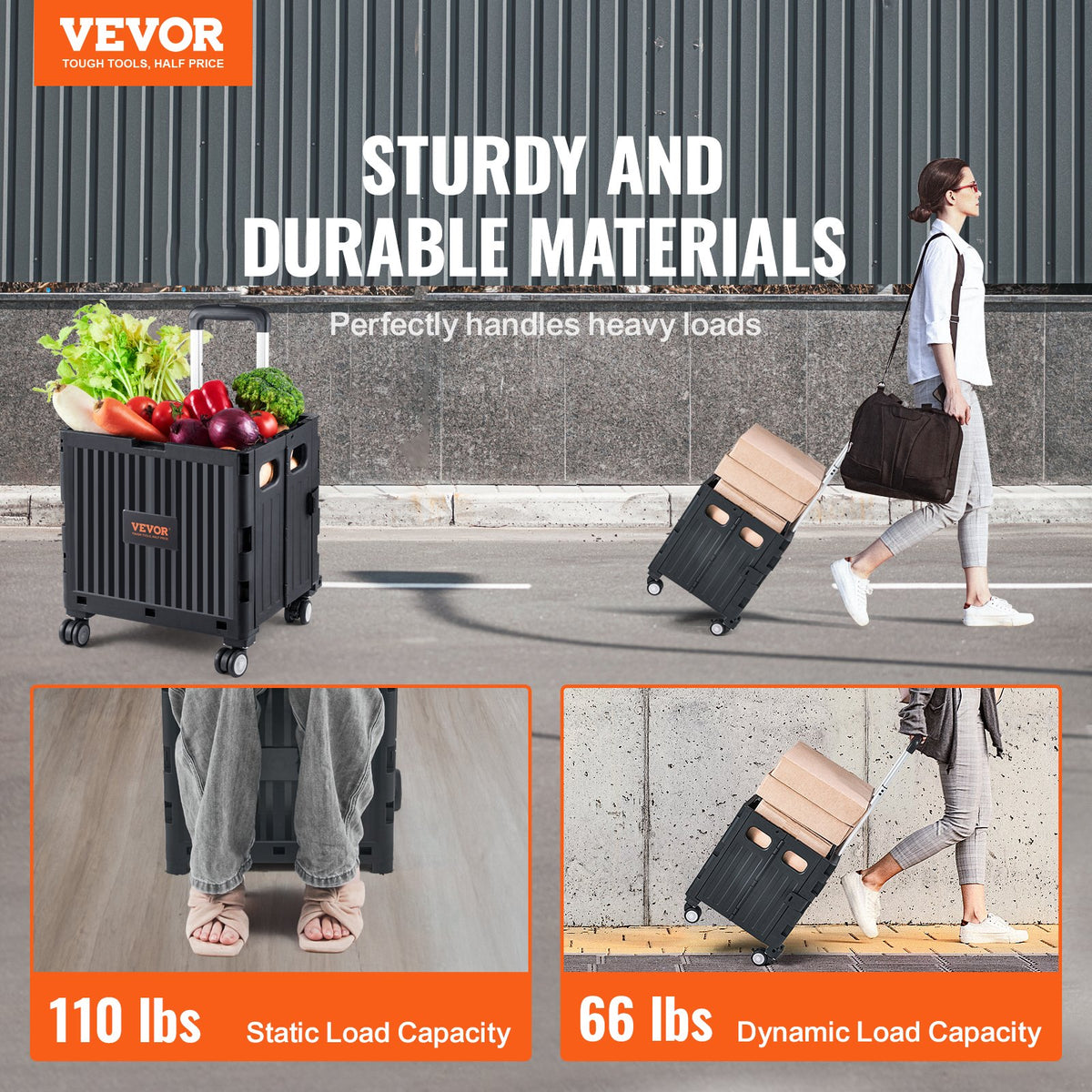 VEVOR Foldable Utility Cart, 50 kg Load Capacity, Folding Portable Rolling Crate Handcart with Heavy Duty Telescoping Handle and 4 Rotate Wheels for Travel Shopping Moving Luggage Office Use, Black