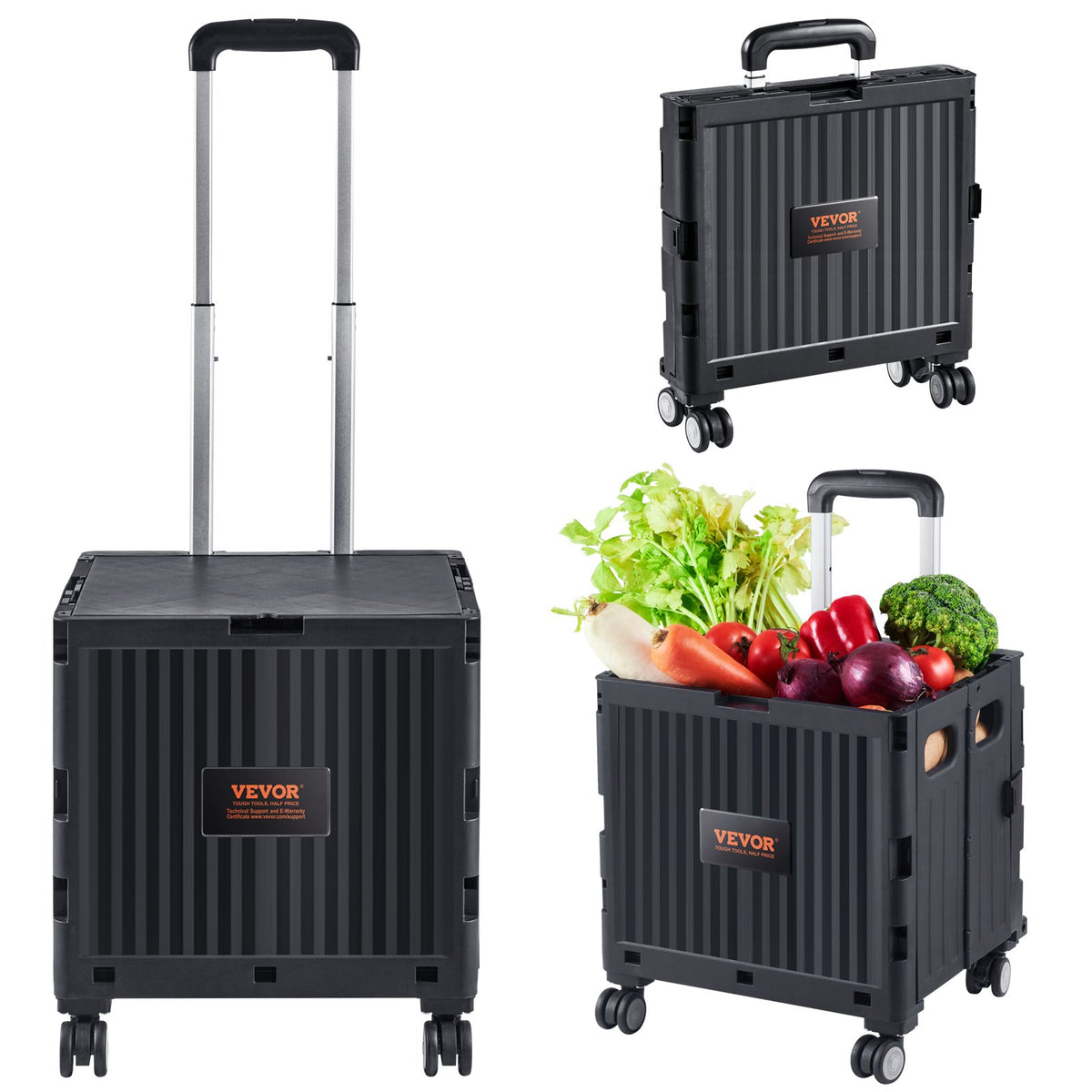 VEVOR Foldable Utility Cart, 50 kg Load Capacity, Folding Portable Rolling Crate Handcart with Heavy Duty Telescoping Handle and 4 Rotate Wheels for Travel Shopping Moving Luggage Office Use, Black