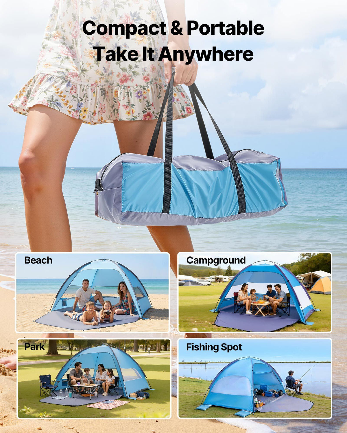 Beach Tent Sun Shelter for 4 Person, UPF 50+ Protection, Portable Sun Shade Canopy with Carrying Bag & Sand Pockets, Lightweight and Easy Setup Beach Umbrella for Camping Fishing Outdoor Picnic