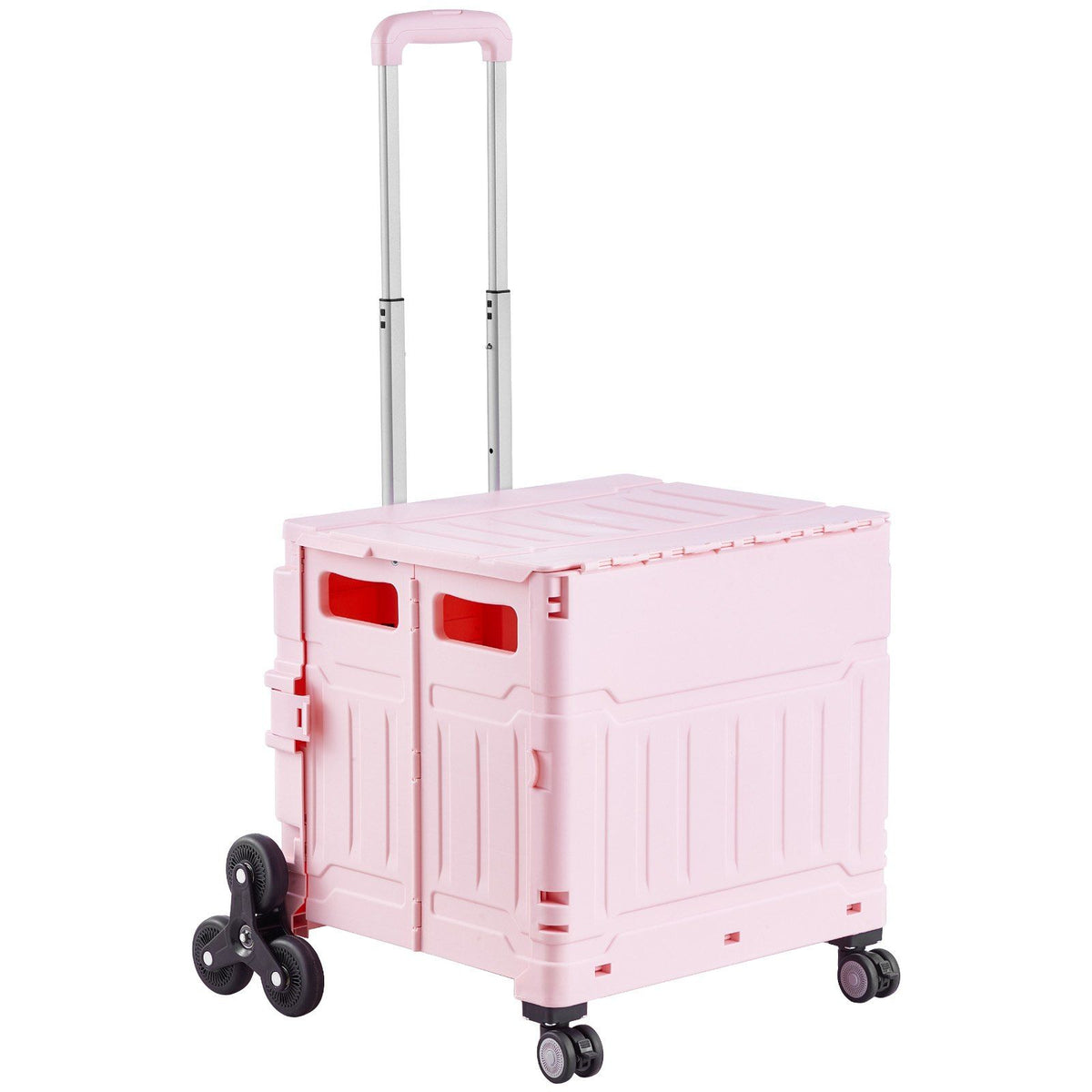 Foldable Utility Cart, 65L Collapsible Portable Crate Rolling Cart with Stair Climbing Wheels &amp; 360° Swivel Wheels, Hand Cart with Telescoping Handle for Shopping Office Moving Teacher, Pink