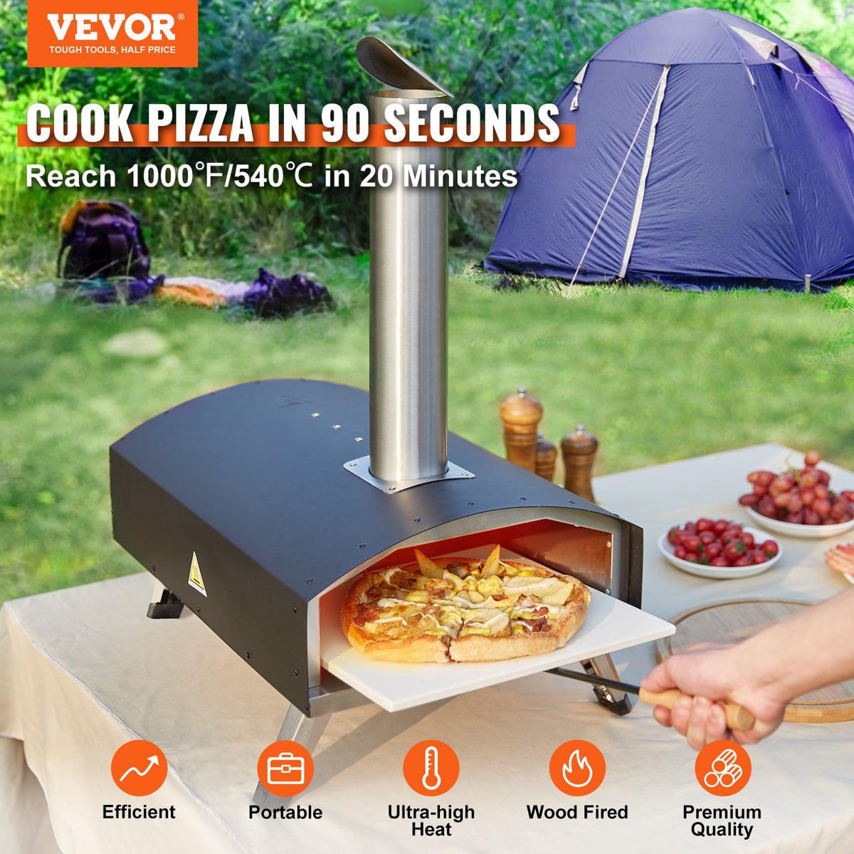 VEVOR Outdoor Pizza Oven, 12-inch, Wood Pellet and Charcoal Fired Pizza Maker, Portable Outside Stainless Steel Pizza Grill with Pizza Stone, Waterproof Cover, Shovel, Wood Burner for Backyard Camping