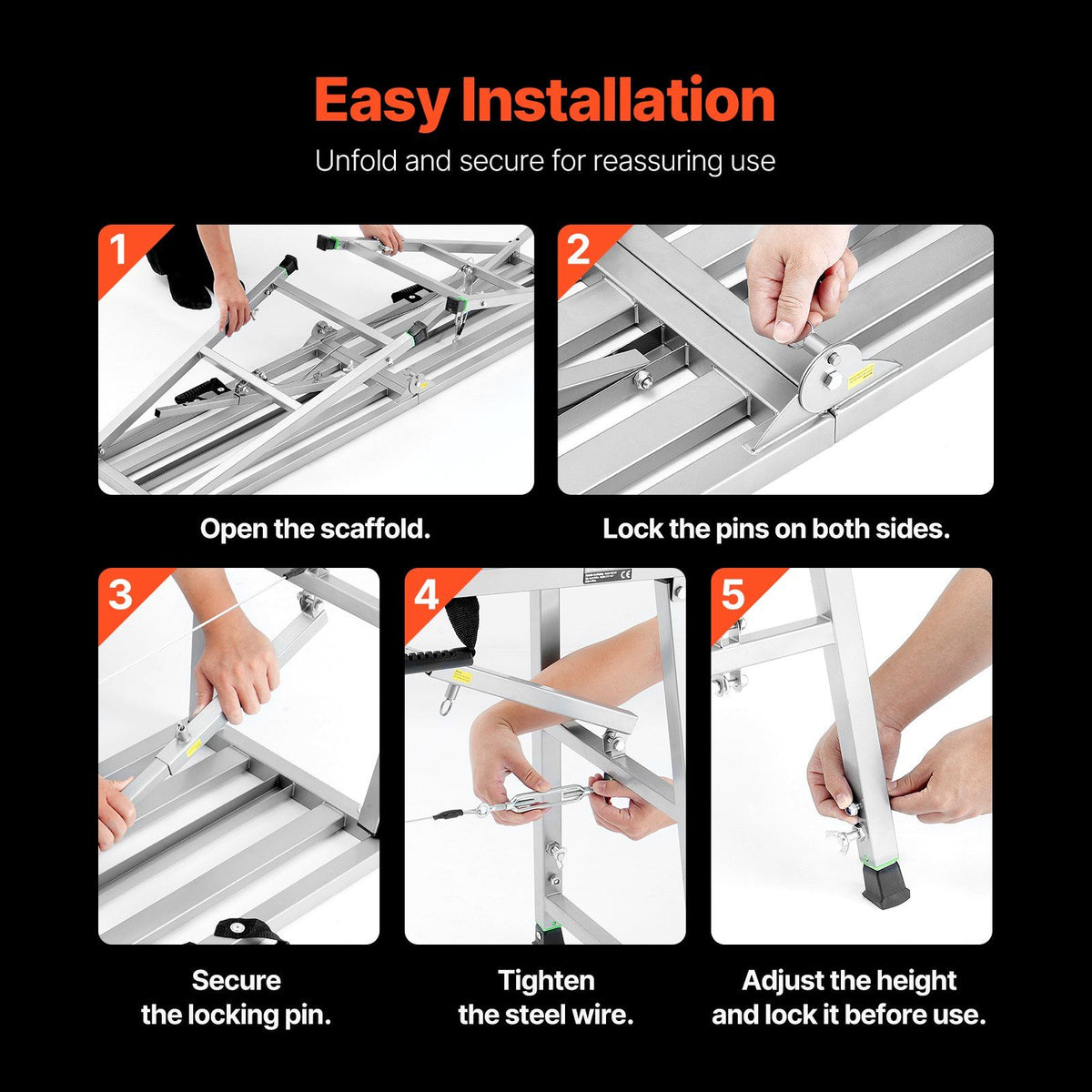 Work Platform, 4 Gear Adjustable Height, Folding Alloy Steel Step Ladder, Portable Scaffolding Platform, 400 kg Load Capacity, Non-Slip Rubber Feet, Drywall Painting Stool, Cleaning & Washing
