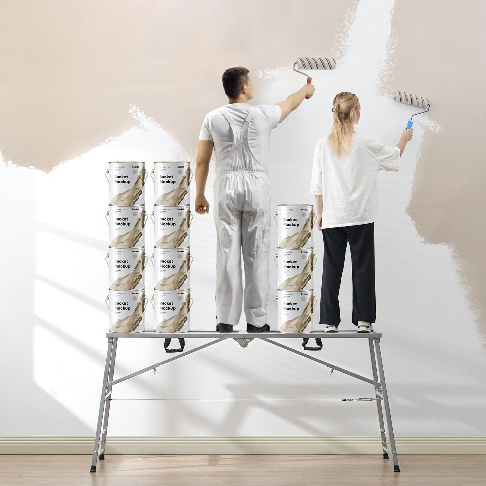 Work Platform, 4 Gear Adjustable Height, Folding Alloy Steel Step Ladder, Portable Scaffolding Platform, 400 kg Load Capacity, Non-Slip Rubber Feet, Drywall Painting Stool, Cleaning & Washing