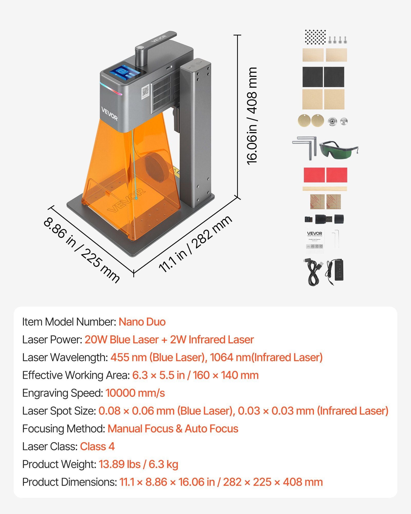 2-in-1 Dual Laser Engraver, 10,000 mm/s High Speed, Portable 20W Blue and 2W IR Laser Engraving Machine, 160 x 140 mm Engraving Area, Manual & Auto Focus, DIY Engraver Tool, for Wood Acrylic