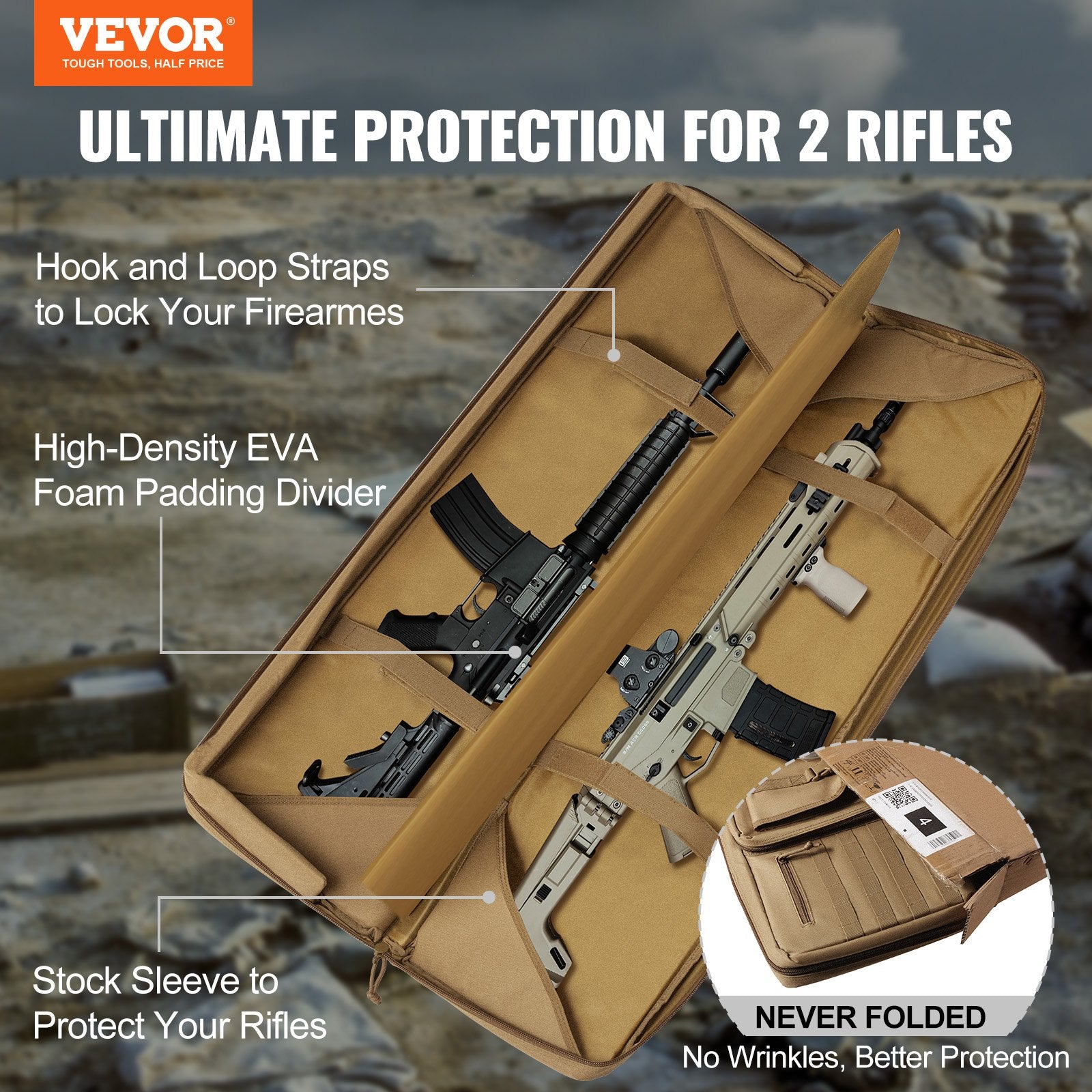 VEVOR Rifle Bag, 36 inch Tactical Double Long Gun Bag, Soft Rifle Case with Lockable Zipper, Portable Handle & Shoulder Strap, 3 Large Storage Pockets Rifle Case for Two 34" Rifles & 2 Pistols, Brown