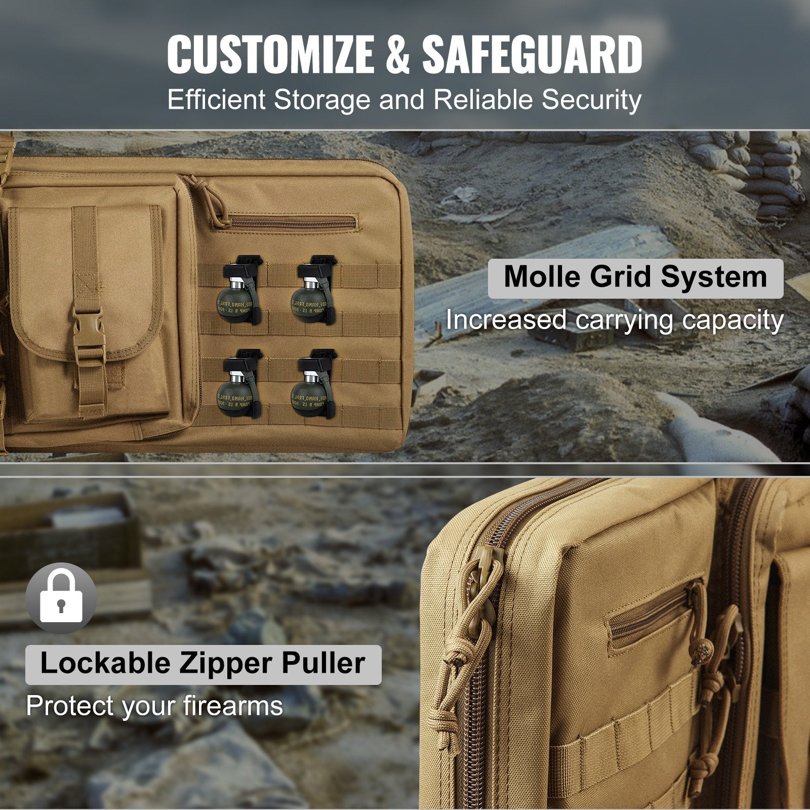 VEVOR Rifle Bag, 36 inch Tactical Double Long Gun Bag, Soft Rifle Case with Lockable Zipper, Portable Handle & Shoulder Strap, 3 Large Storage Pockets Rifle Case for Two 34" Rifles & 2 Pistols, Brown