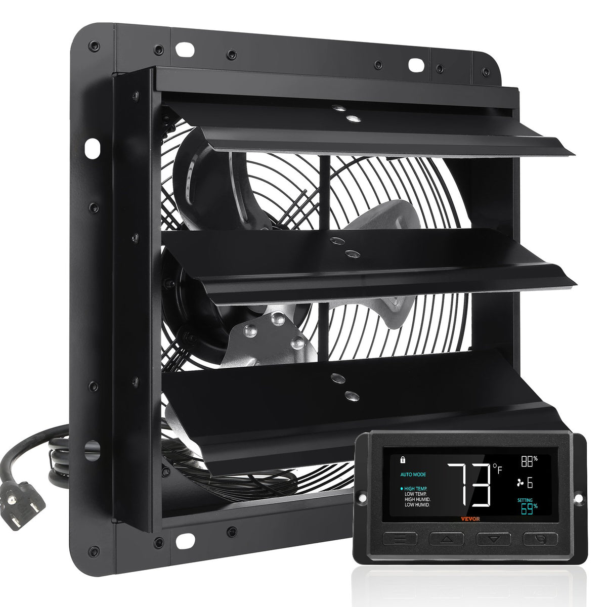 VEVOR Shutter Exhaust Fan, 254mm / 10inch  with Temperature Humidity Controller, EC-motor, 843 CFM, Variable Speed Adjustable Wall Mount Attic Fan, Ventilation and Cooling for Greenhouses, Garages, Sheds