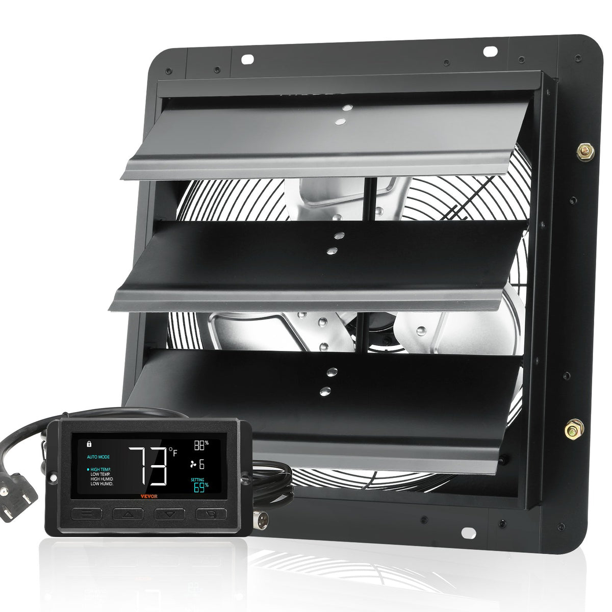 VEVOR Shutter Exhaust Fan, 356 mm / 14inch with Temperature Humidity Controller, EC-motor, 1024 CFM, Variable Speed Adjustable Wall Mount Attic Fan, Ventilation and Cooling for Greenhouses, Garages, Sheds