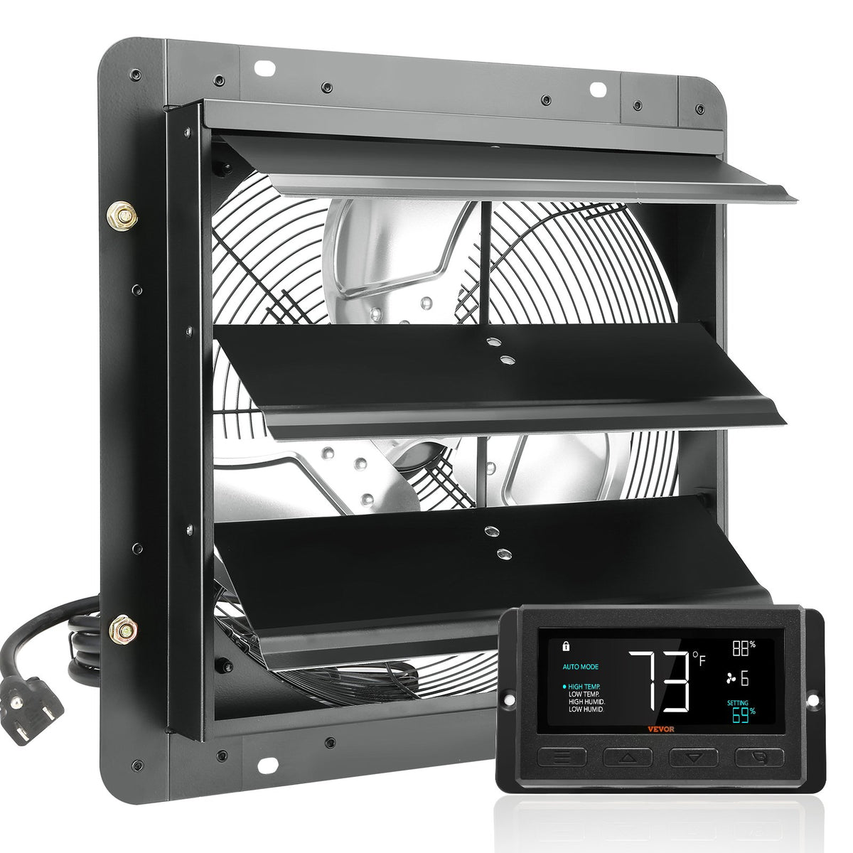 VEVOR Shutter Exhaust Fan, 356 mm / 14inch with Temperature Humidity Controller, EC-motor, 1024 CFM, Variable Speed Adjustable Wall Mount Attic Fan, Ventilation and Cooling for Greenhouses, Garages, Sheds