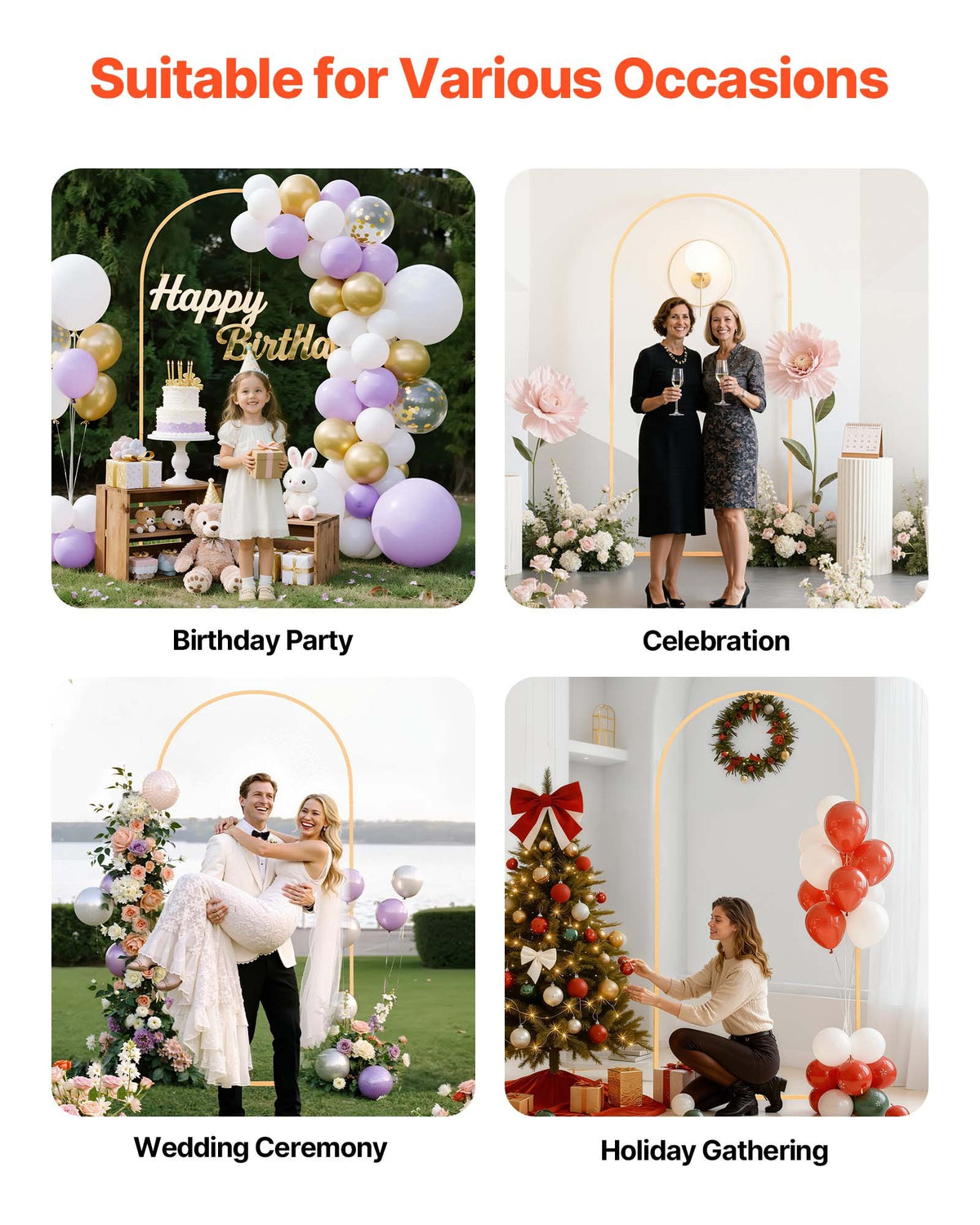 VEVOR Arch Backdrop Stand, 2 x 1 m, Stable Structure, Easy Assembly, 1 Set Gold Metal Arch Backdrop Stand for Wedding, Birthday Party, Graduation, Holiday Celebration, and Ceremony Decoration