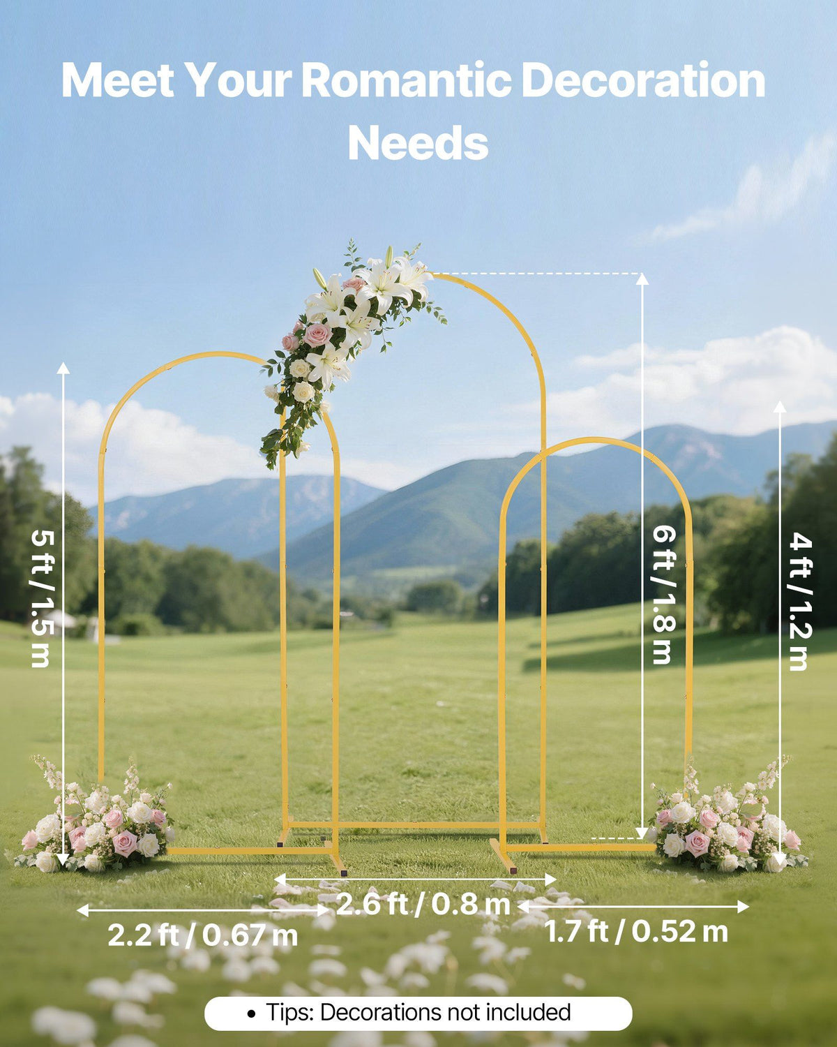 Arch Backdrop Stand, Set of 3, 1.8/1.5/1.2 m, Stable Structure, Easy Assembly, Gold Metal Arch Backdrop Stand for Wedding, Birthday Party, Graduation, Celebration, and Ceremony Decoration