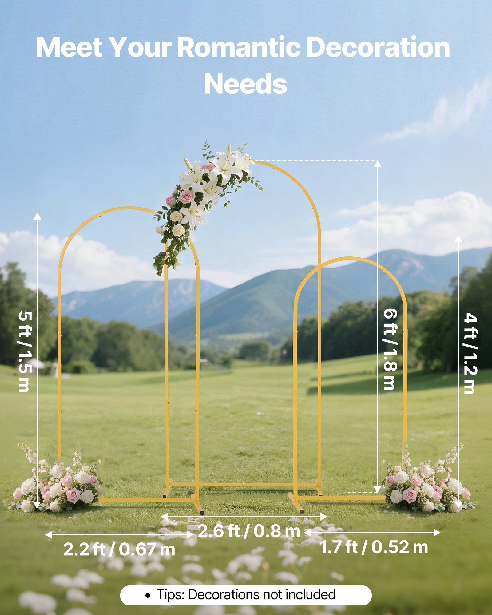 Arch Backdrop Stand, Set of 3, 1.8/1.5/1.2 m, Stable Structure, Easy Assembly, Gold Metal Arch Backdrop Stand for Wedding, Birthday Party, Graduation, Celebration, and Ceremony Decoration