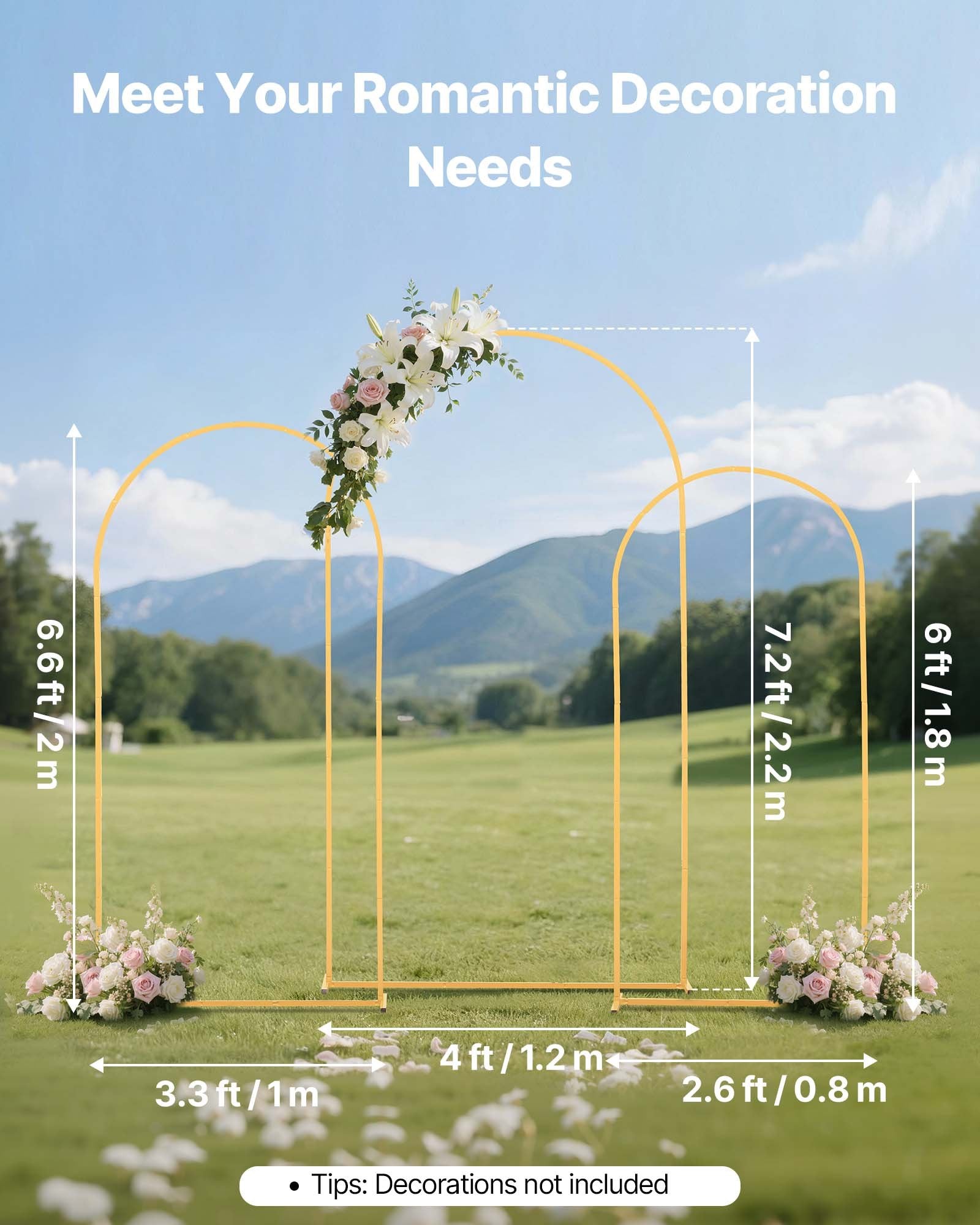 VEVOR Arch Backdrop Stand, Set of 3, 2.2/2/1.8 m , Stable Structure, Easy Assembly, Gold Metal Arch Backdrop Stand for Wedding, Birthday Party, Graduation, Holiday Celebration, and Ceremony Decoration