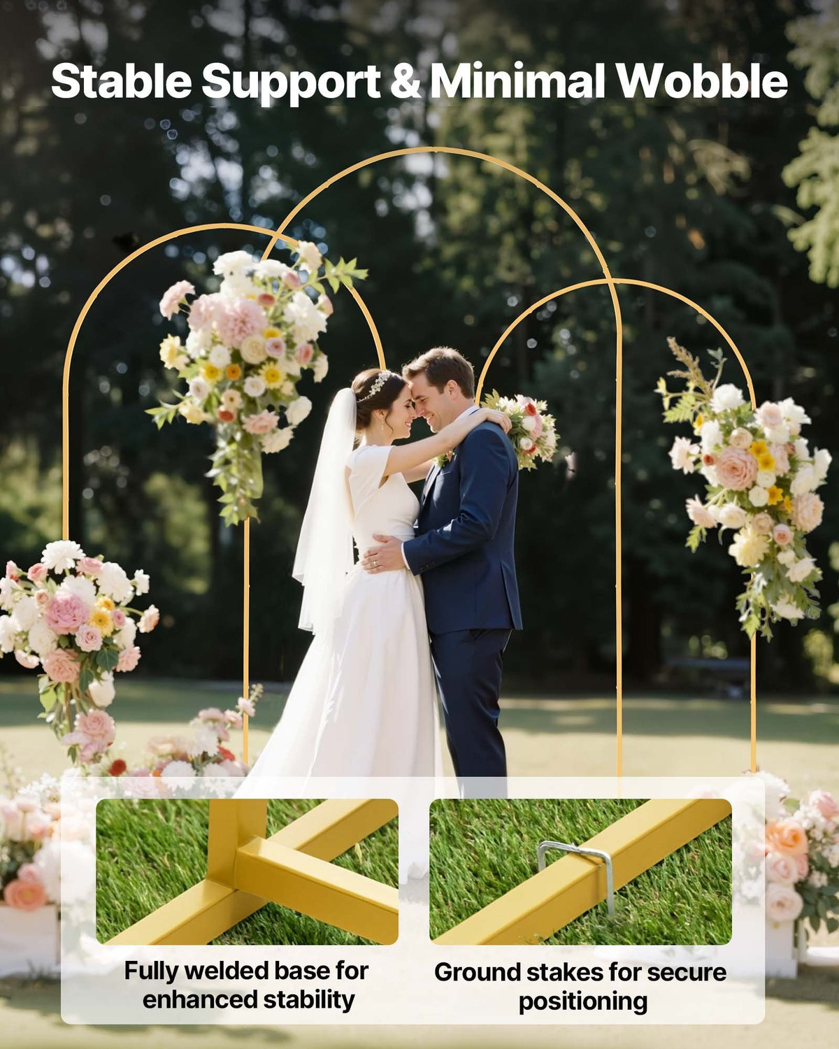 Arch Backdrop Stand, Set of 3, 2.4/2.2/2 m, Stable Structure, Easy Assembly, Gold Metal Arch Backdrop Stand for Wedding, Birthday Party, Graduation, Holiday Celebration, and Ceremony Decoration