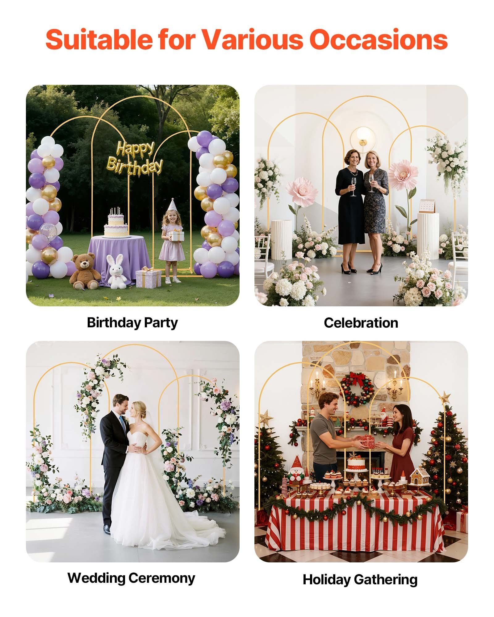 Arch Backdrop Stand, Set of 3, 2.4/2.2/2 m, Stable Structure, Easy Assembly, Gold Metal Arch Backdrop Stand for Wedding, Birthday Party, Graduation, Holiday Celebration, and Ceremony Decoration