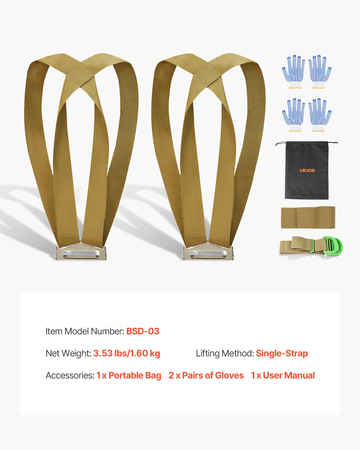 VEVOR Moving Straps, 2-Person Lifting and Moving System with 2 Harness Straps, 1 Load-bearing Strap & 1 Handheld Strap, Adjustable Lifting Shoulder Straps Move Furniture Appliances Mattresses