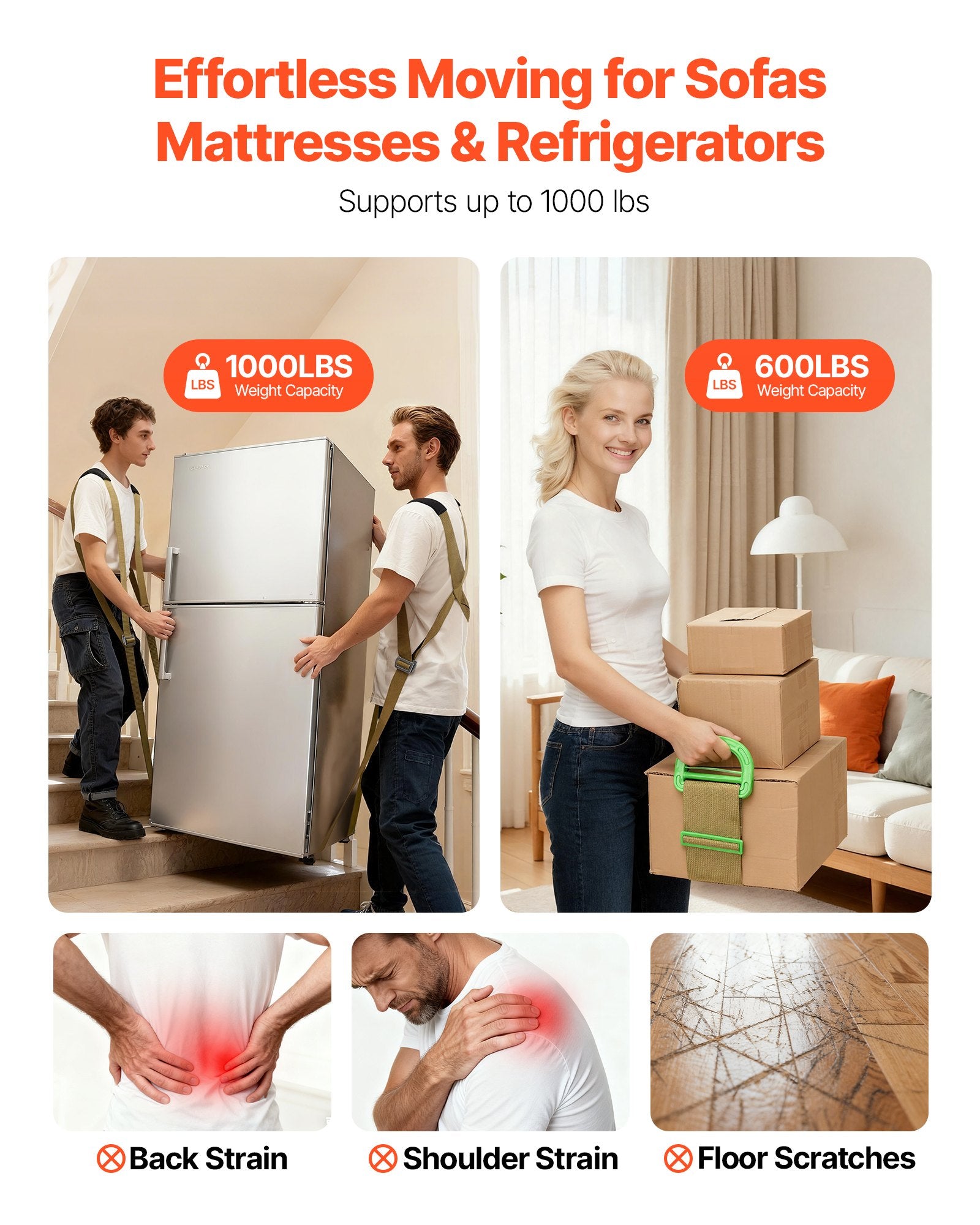 VEVOR Moving Straps, 2-Person Lifting and Moving System with 2 Harness Straps, 2 Load-bearing Straps & 1 Handheld Strap, Adjustable Lifting Shoulder Straps Move Furniture Appliances Mattresses